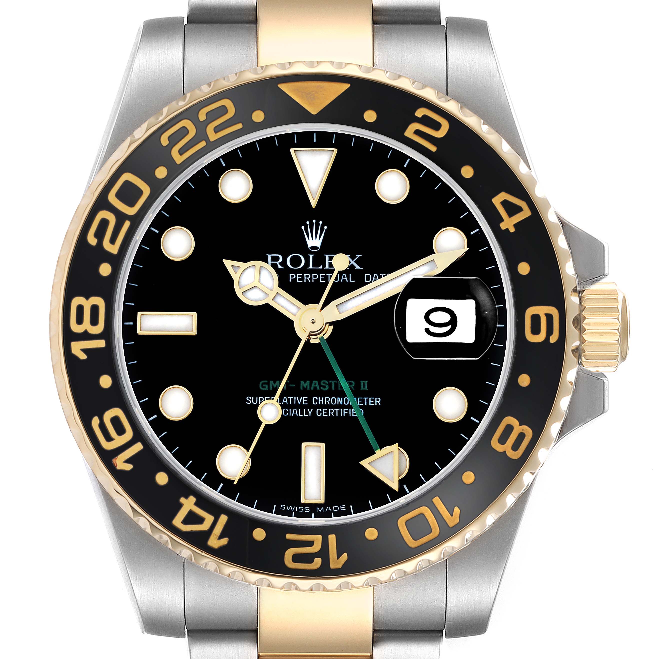 The Rolex GMT-Master 116713 Men
s Steel and Gold (two tone) Black Dial watch is shown from a front angle, highlighting the dial, hands, bezel, and date window.