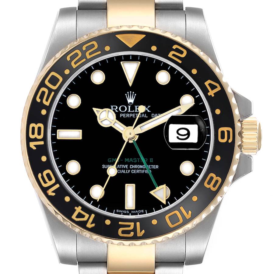 The Rolex GMT-Master 116713 Men's Steel and Gold (two tone) Black Dial watch is shown from a front angle, highlighting the dial, hands, bezel, and date window.