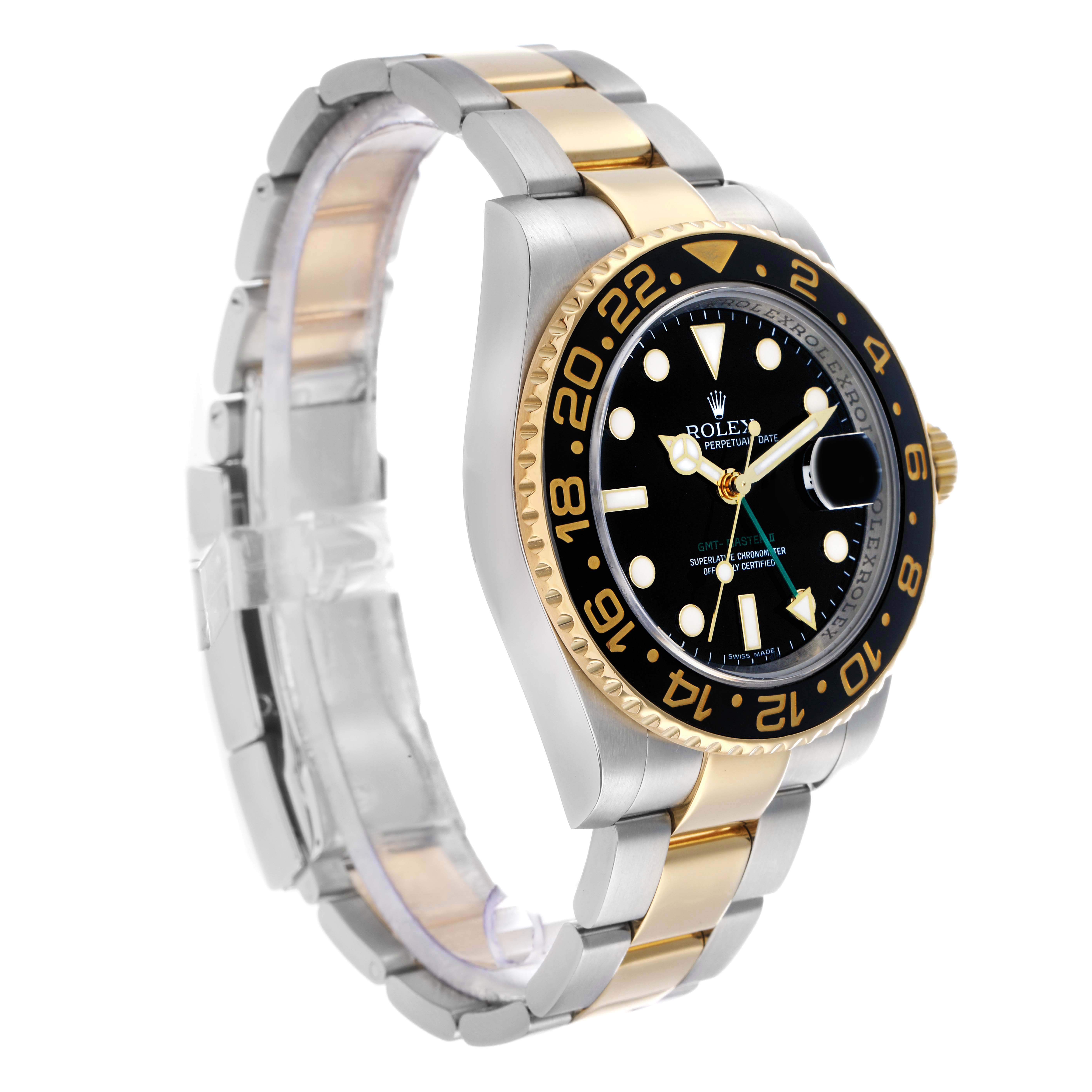 The Rolex GMT-Master 116713 Men
s Steel and Gold (two tone) Black Dial watch is shown at a three-quarter angle, displaying the bracelet, bezel, and face.