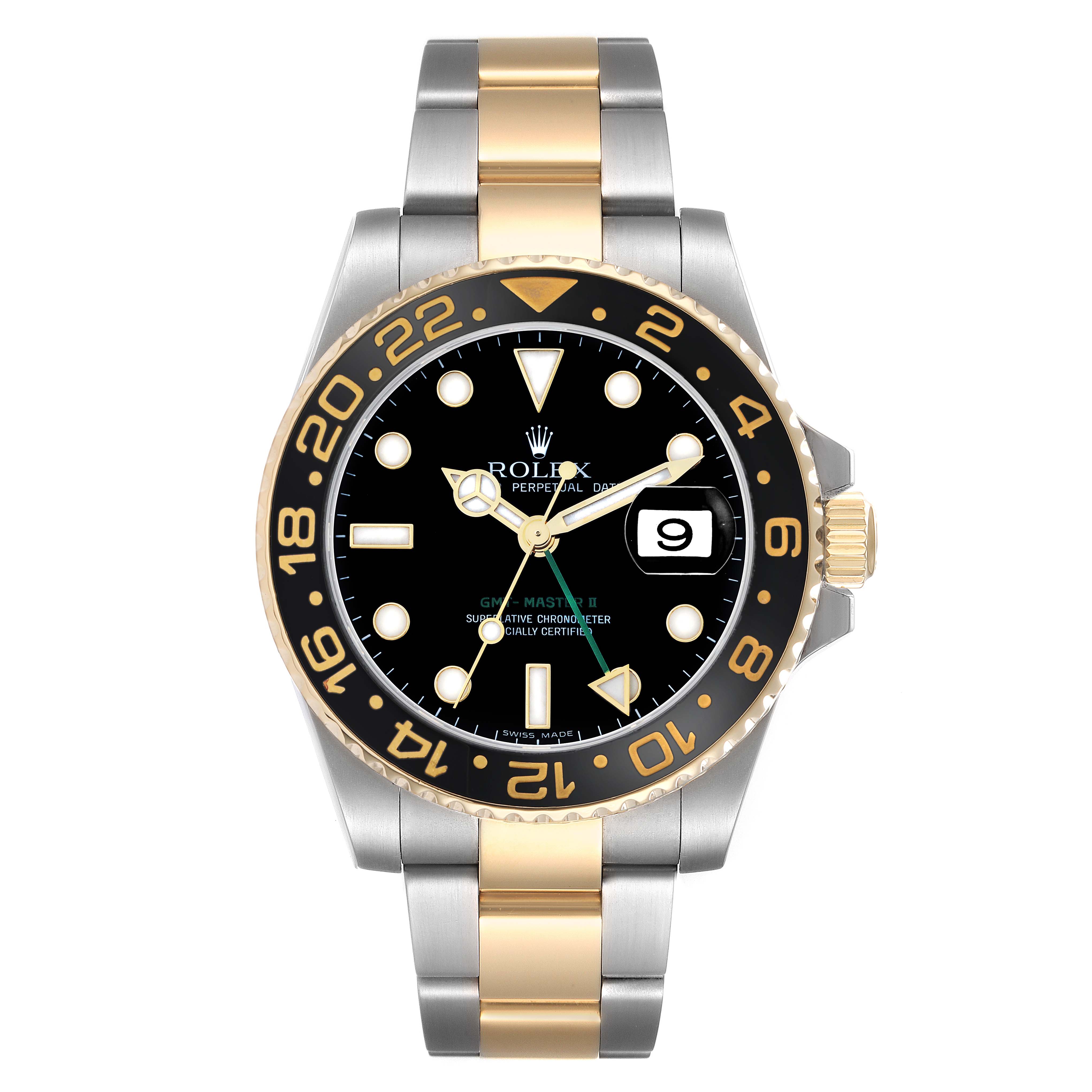 The Rolex GMT-Master 116713 Men
s Steel and Gold (two tone) Black Dial watch is shown from the front, displaying the bezel, dial, hands, date window, and two-tone bracelet.