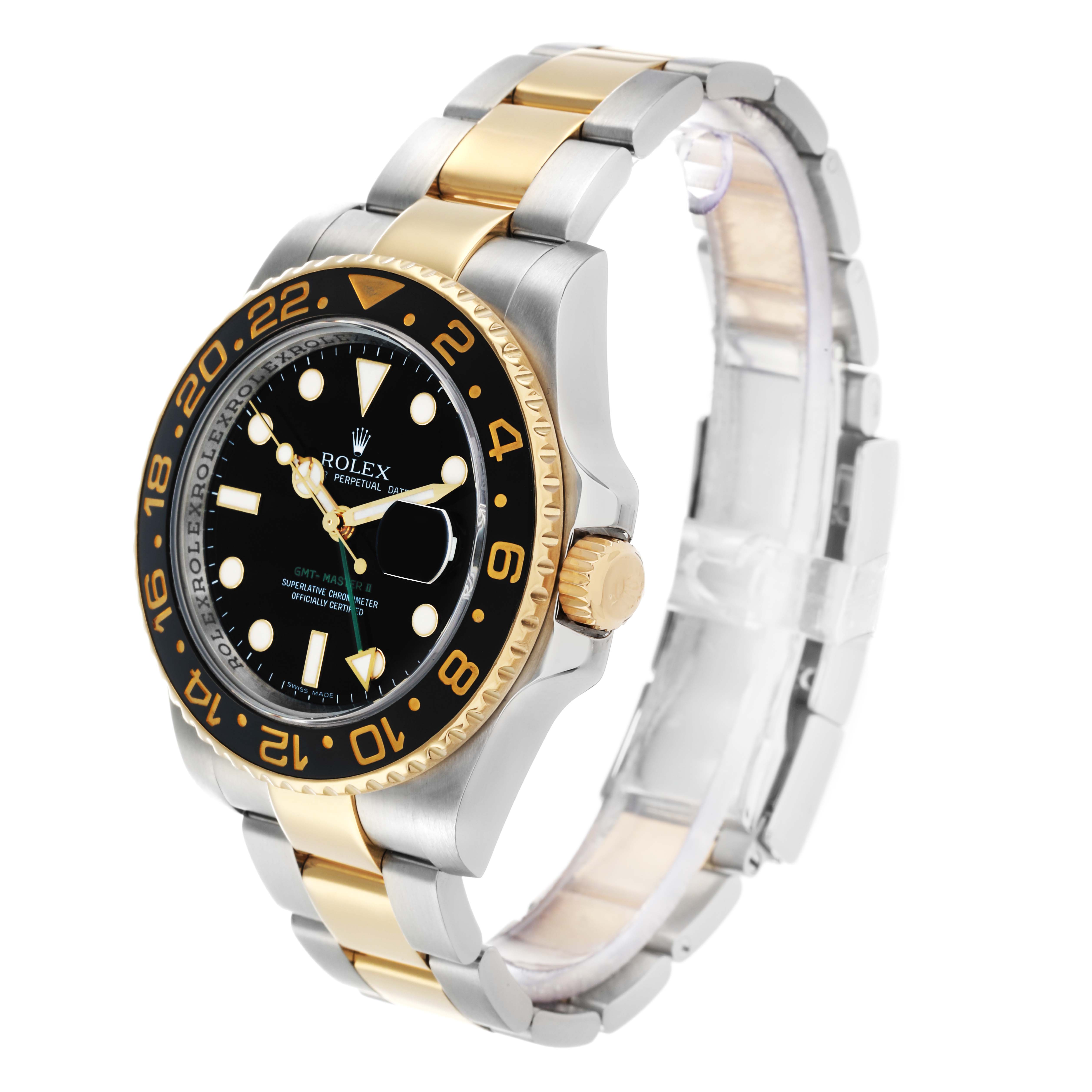 The Rolex GMT-Master 116713 Men
s Steel and Gold (two tone) Black Dial watch is shown from a three-quarter angle, highlighting the face, bezel, and two-tone bracelet.