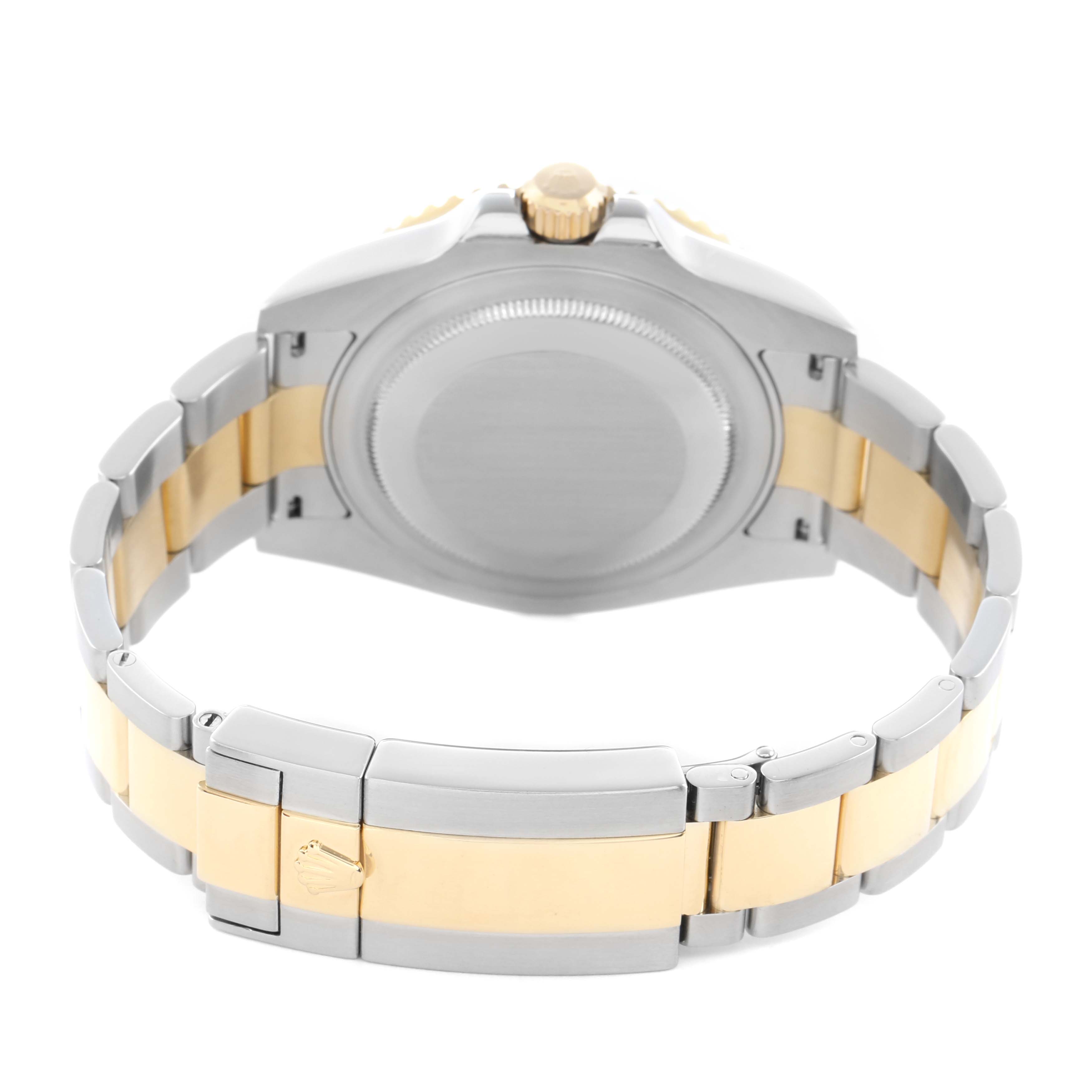 The image shows a rear view of the Rolex GMT-Master 116713 Men
s Steel and Gold (two tone) Black Dial, highlighting its two-tone bracelet, clasp, and case back.