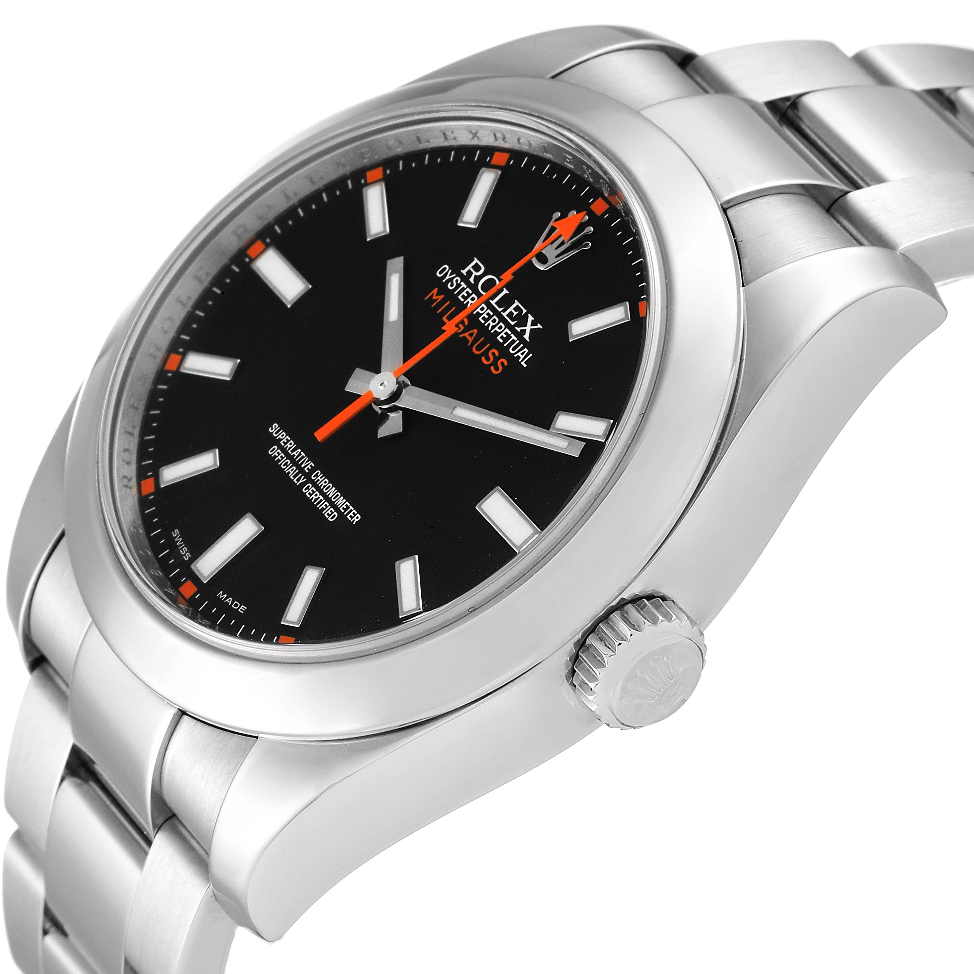 The image shows a side angle of the Rolex Milgauss 116400 Men's Stainless Steel Black Dial 116400 Men's Stainless Steel Black Dial watch, highlighting its face, bezel, crown, and partially its bracelet.