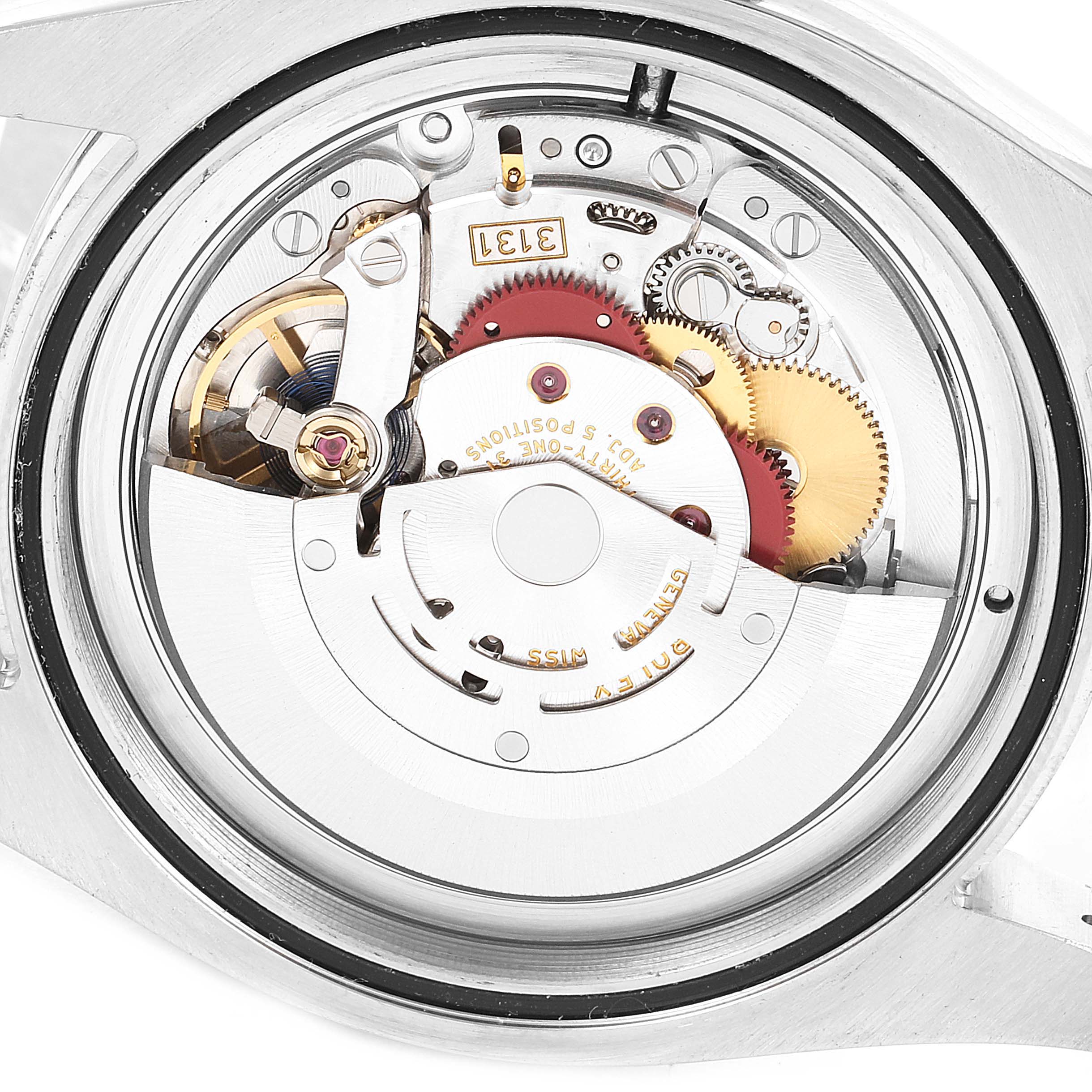 The image shows an internal view of the Rolex Milgauss 116400 Men's Stainless Steel Black Dial 116400 Men's Stainless Steel Black Dial watch movement, detailing its intricate gears and mechanisms.