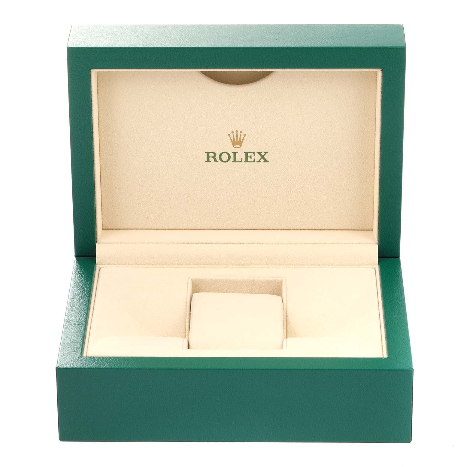 This image shows an open Rolex watch box designed for the Milgauss model, displaying the inner cushion and compartments.