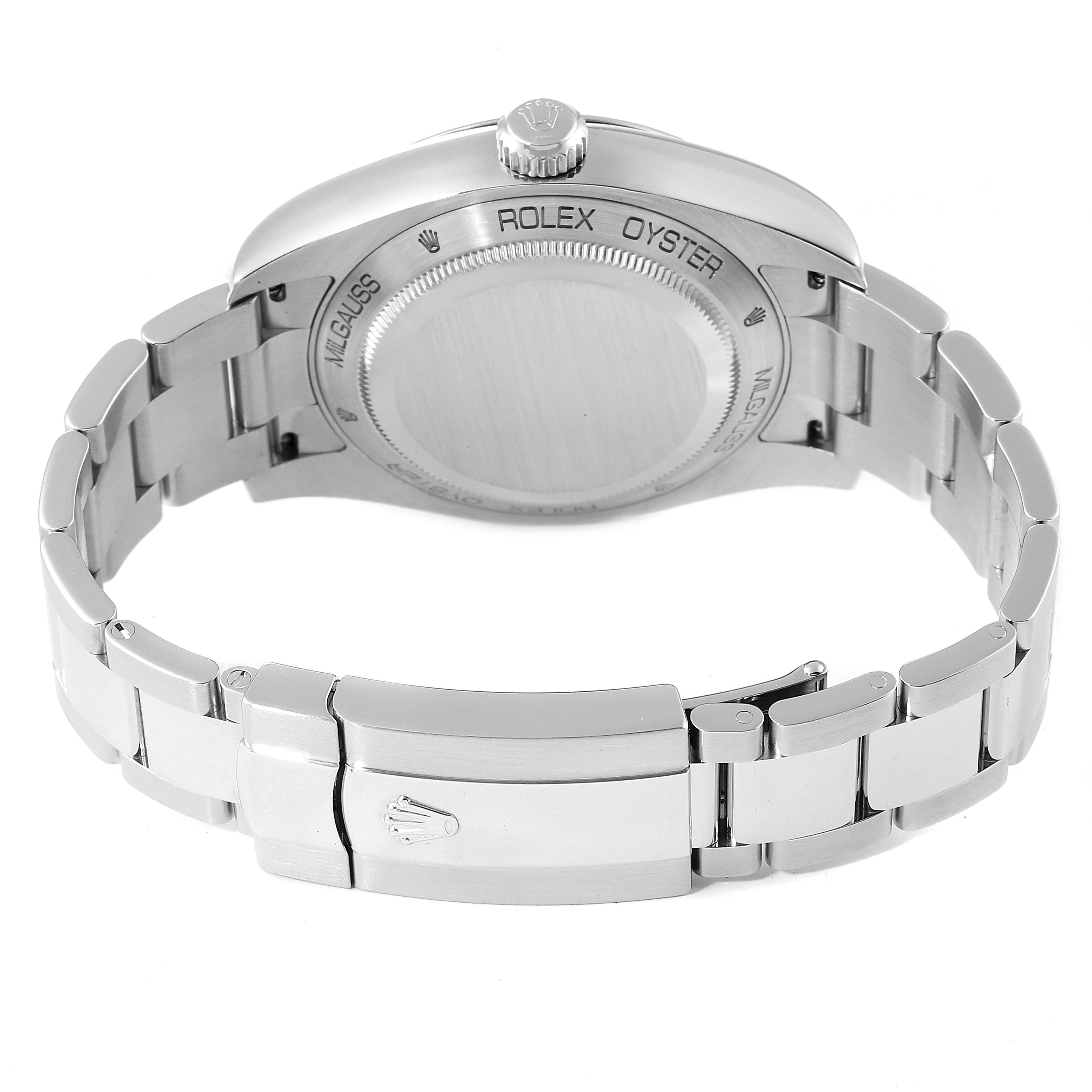 The image shows the back view of a Rolex Milgauss 116400 Men's Stainless Steel Black Dial 116400 Men's Stainless Steel Black Dial watch, highlighting the case back and bracelet clasp.