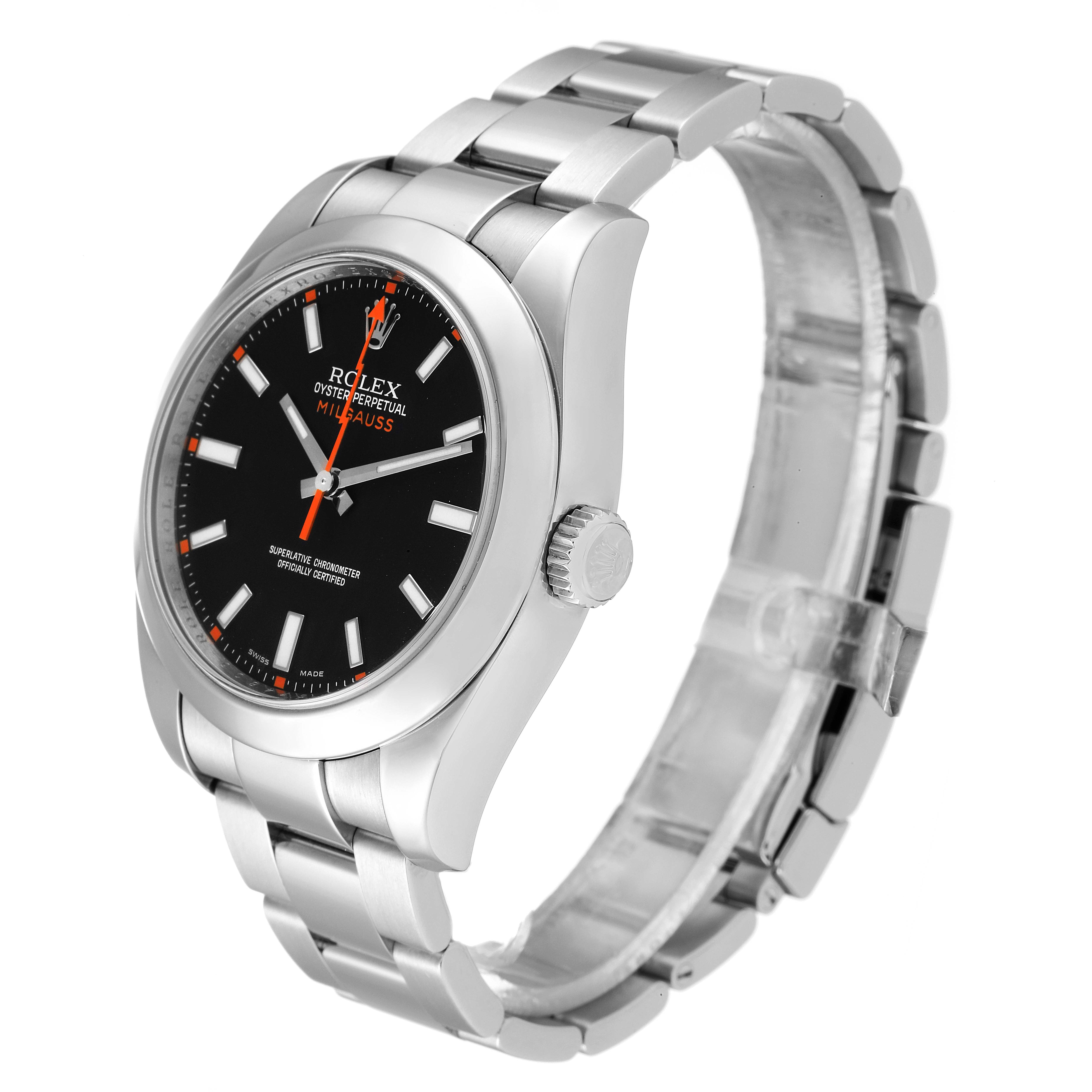 The image shows a side angle of a Rolex Milgauss 116400 Men's Stainless Steel Black Dial 116400 Men's Stainless Steel Black Dial watch, highlighting the black dial, case, crown, and the stainless steel bracelet.