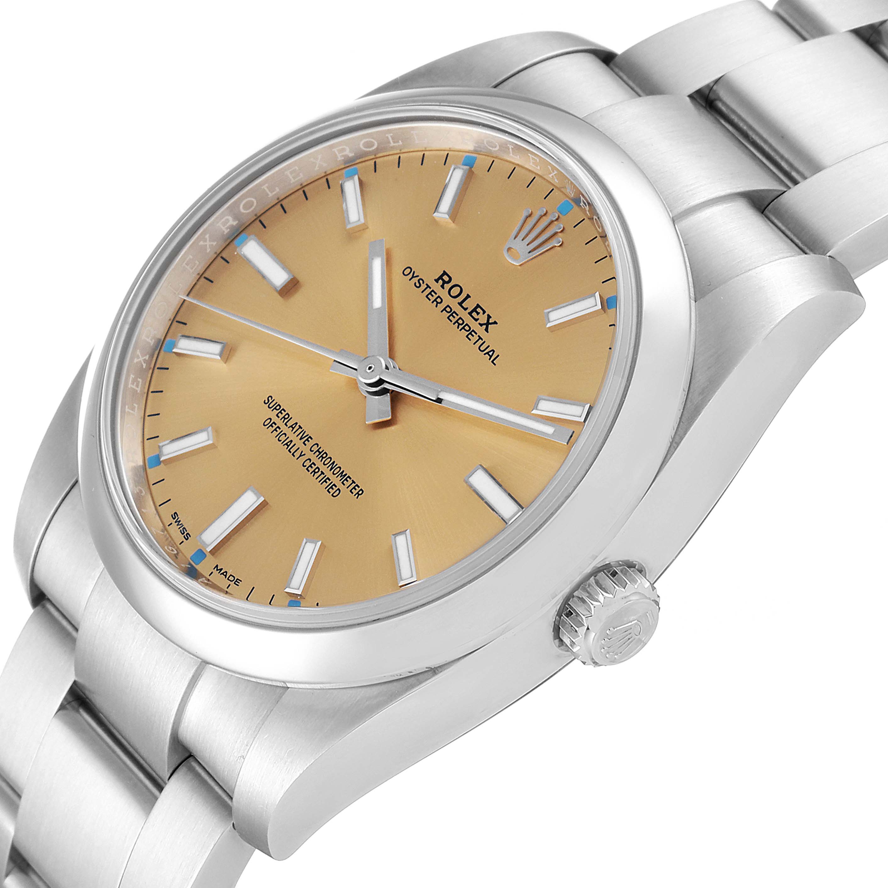 The image shows a close-up of a Rolex Oyster Perpetual 114200 Men's Stainless Steel Champagne Dial 114200 Men's Stainless Steel Champagne Dial watch at a slight angle, highlighting the dial, case, crown, and part of the bracelet.