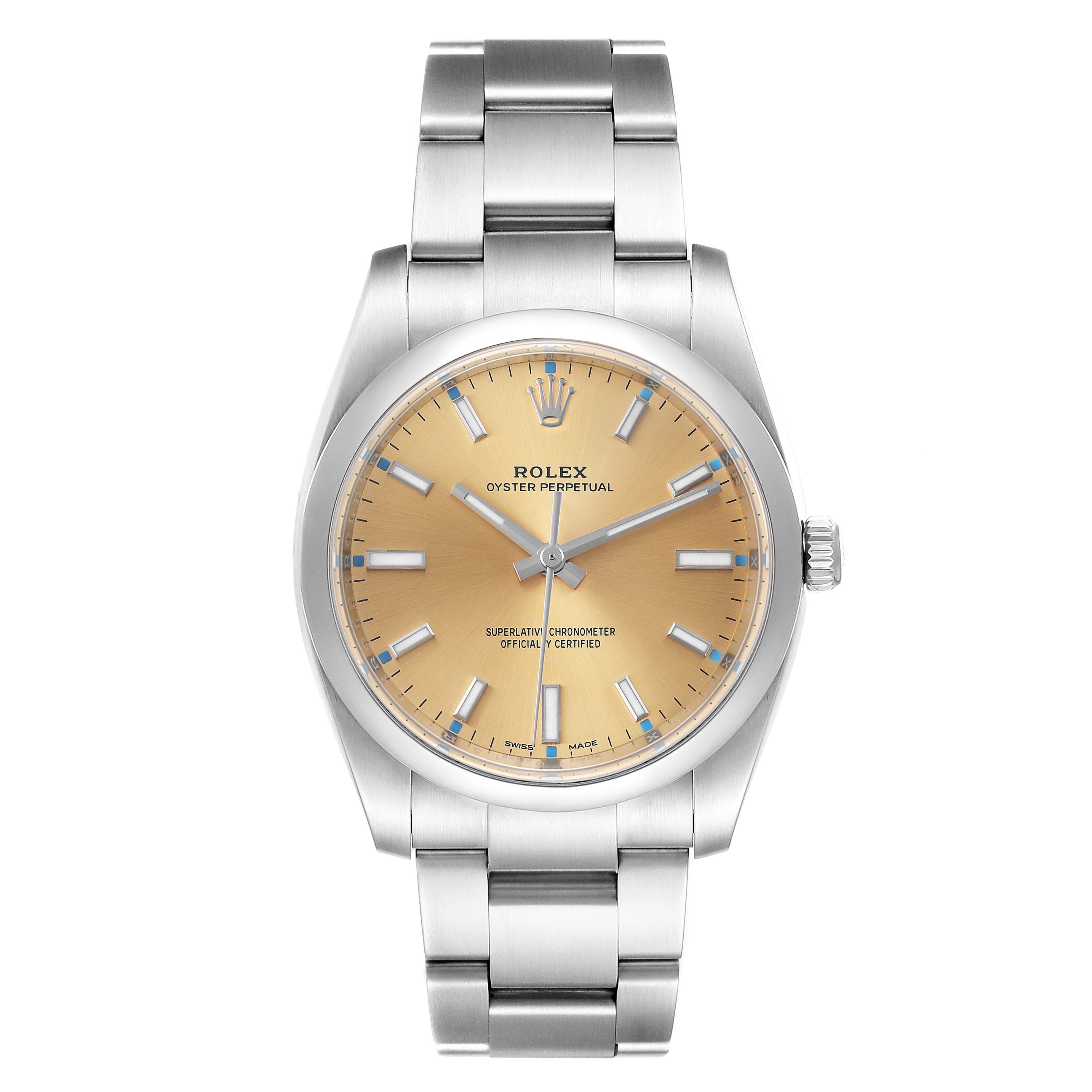 This image shows a front view of the Rolex Oyster Perpetual 114200 Men's Stainless Steel Champagne Dial 114200 Men's Stainless Steel Champagne Dial watch, highlighting its face, bezel, bracelet, and crown.