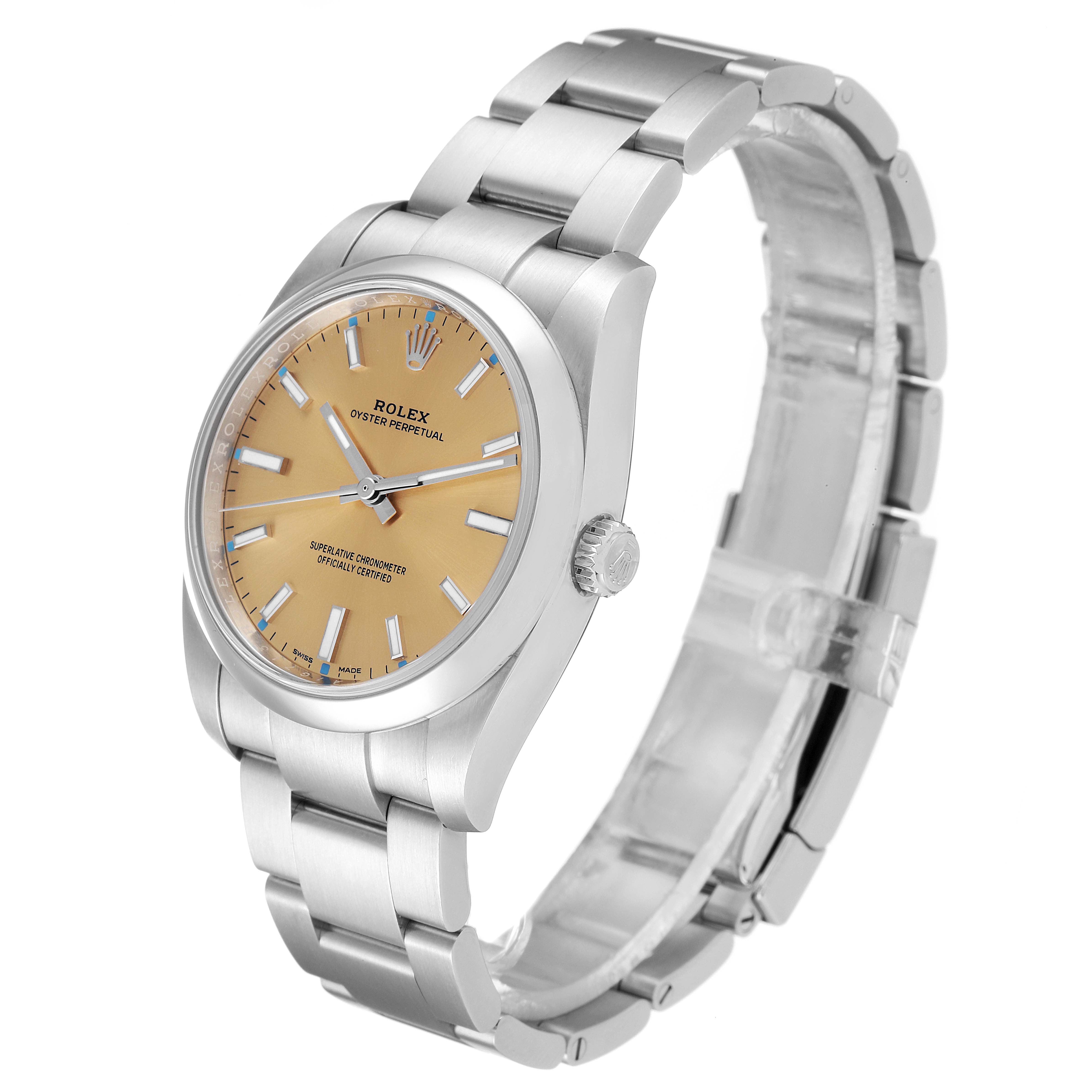 This image shows a Rolex Oyster Perpetual 114200 Men's Stainless Steel Champagne Dial 114200 Men's Stainless Steel Champagne Dial watch at a slight angle, highlighting the dial, case, and bracelet.