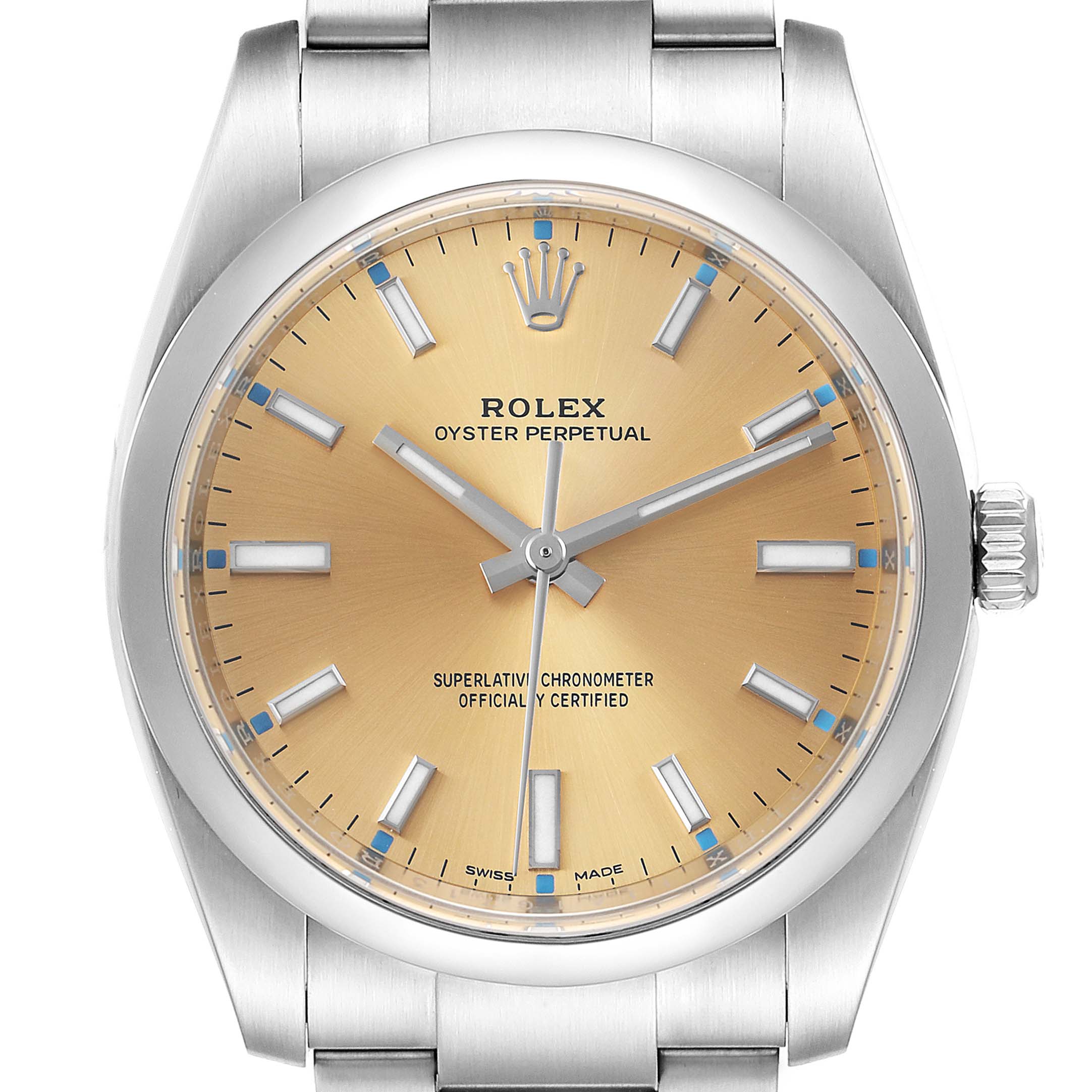 This image shows a front view of a Rolex Oyster Perpetual 114200 Men's Stainless Steel Champagne Dial 114200 Men's Stainless Steel Champagne Dial watch, highlighting its beige dial and stainless steel case and bracelet.