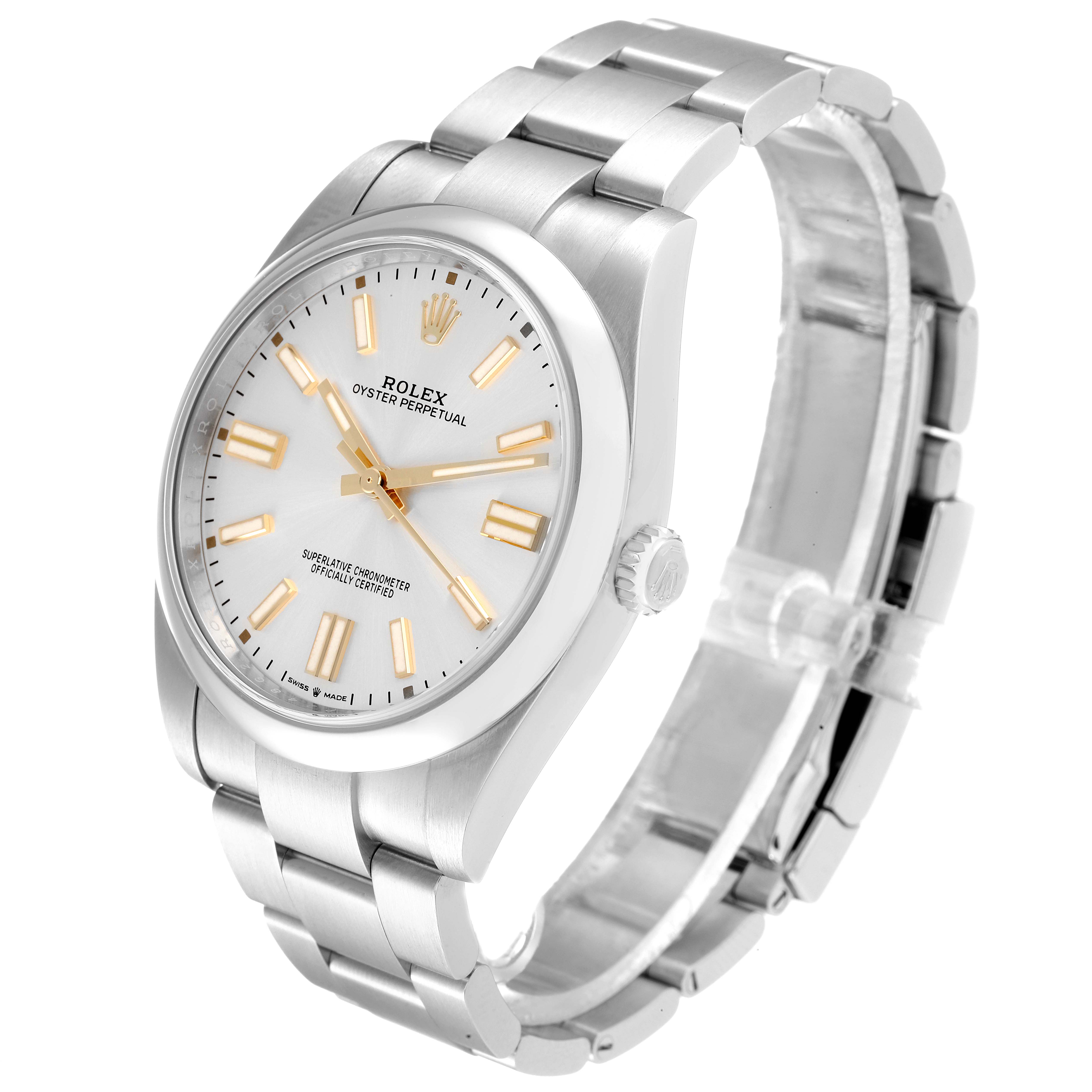 The Rolex Oyster Perpetual 124300 Men's Stainless Steel Silver Dial 124300 Men's Stainless Steel Silver Dial watch is shown at a slight angle, displaying its face, bezel, crown, and a partial view of the bracelet.