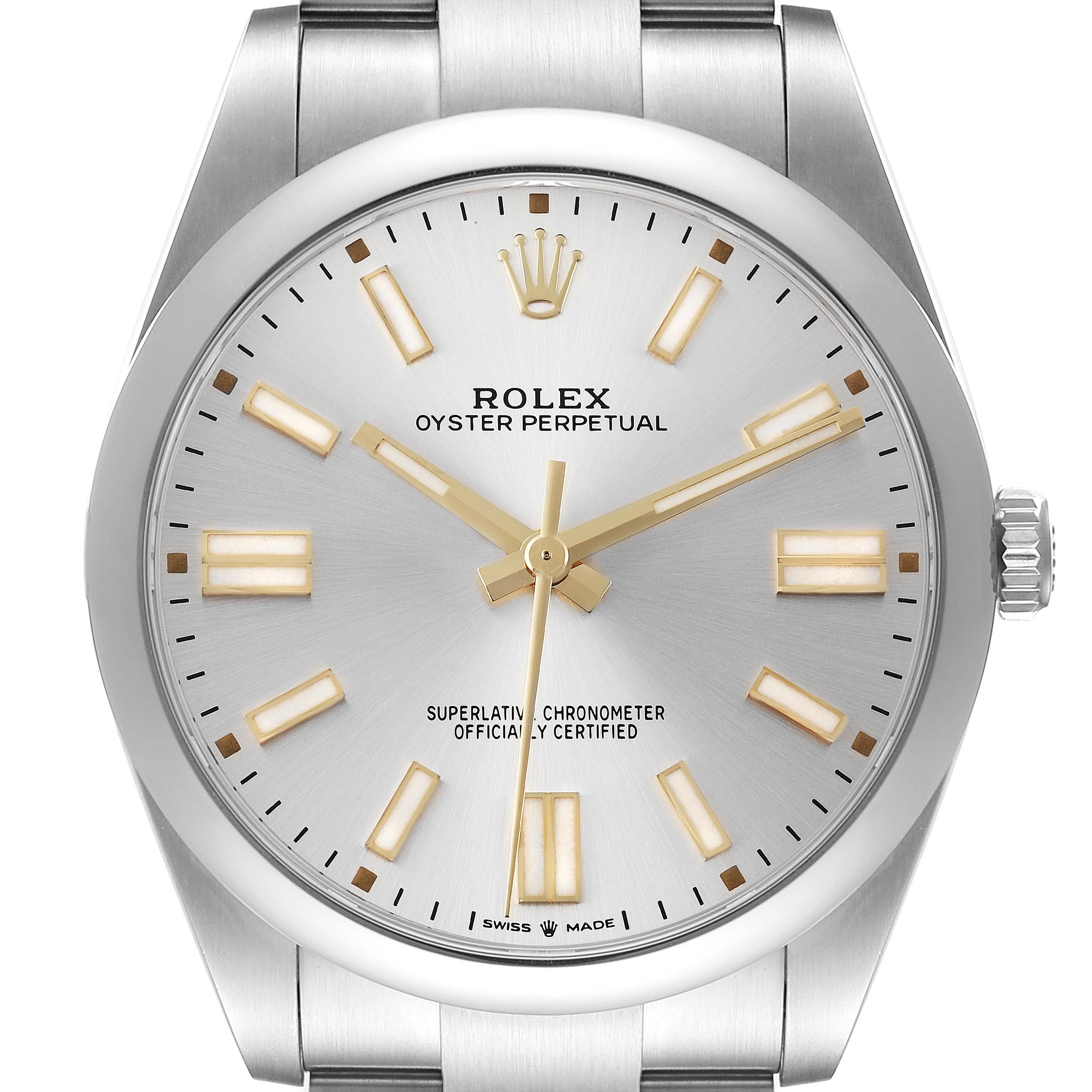 This is a close-up of the dial and bezel of a Rolex Oyster Perpetual 124300 Men's Stainless Steel Silver Dial 124300 Men's Stainless Steel Silver Dial watch, showing the hour markers, hands, and crown logo.
