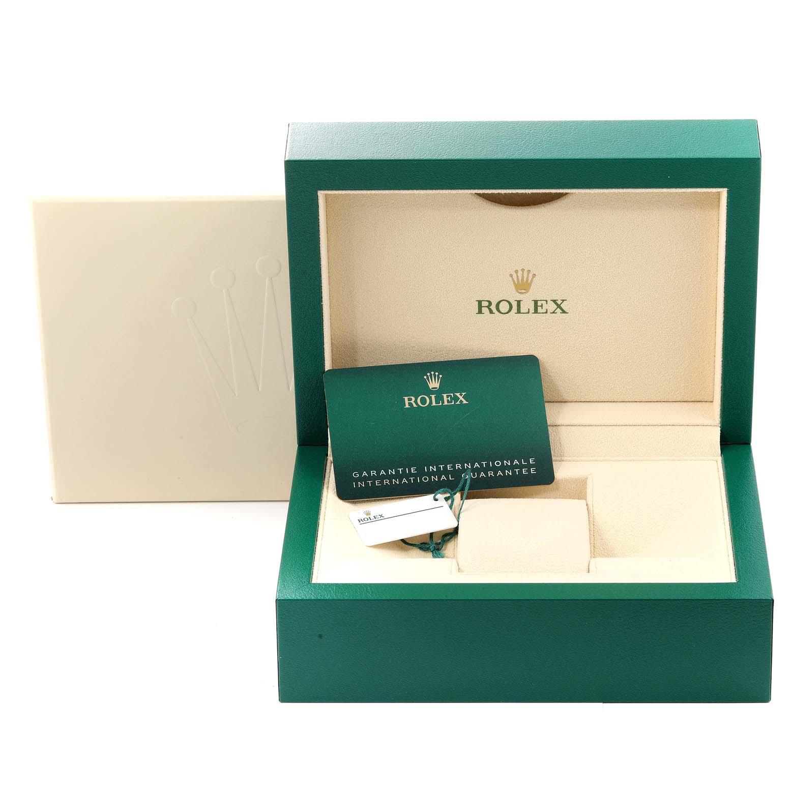 The image shows the packaging and guarantee card for a Rolex Oyster Perpetual 124300 Men's Stainless Steel Silver Dial 124300 Men's Stainless Steel Silver Dial watch.