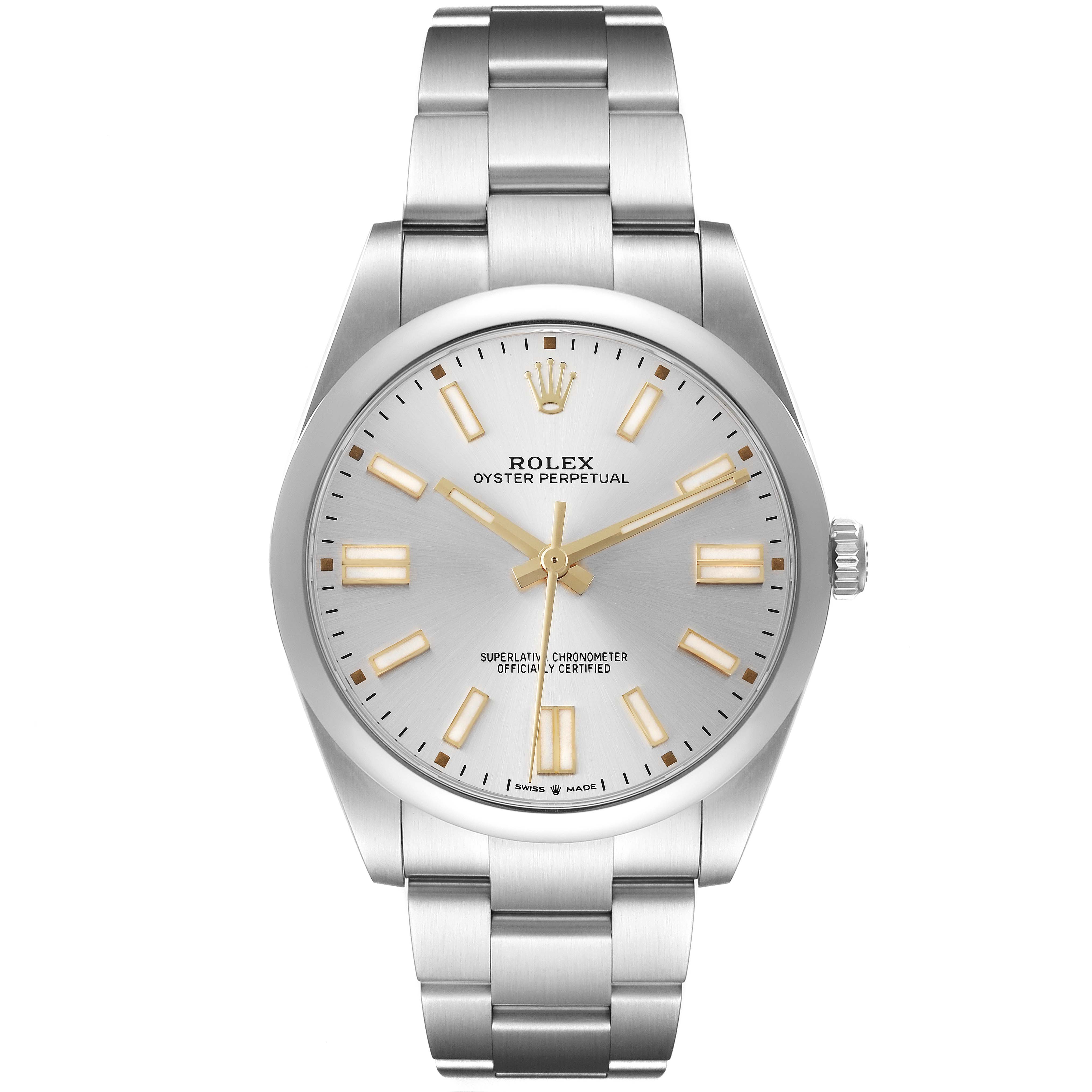 This Rolex Oyster Perpetual 124300 Men's Stainless Steel Silver Dial 124300 Men's Stainless Steel Silver Dial watch is displayed from a front angle, showing its dial, hands, markers, and bracelet.