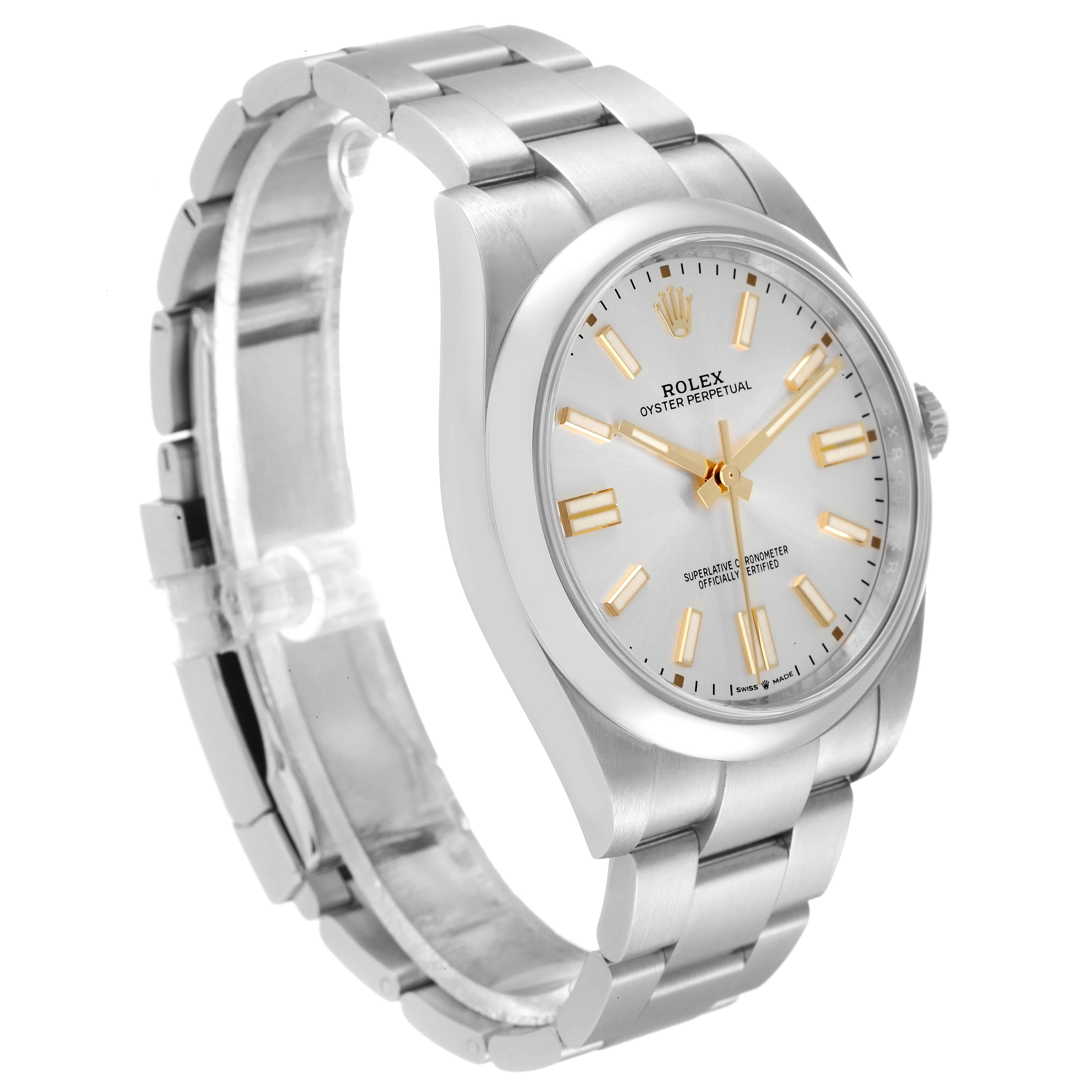 The image shows a Rolex Oyster Perpetual 124300 Men's Stainless Steel Silver Dial 124300 Men's Stainless Steel Silver Dial watch at a three-quarter angle, displaying the face, bezel, and bracelet.