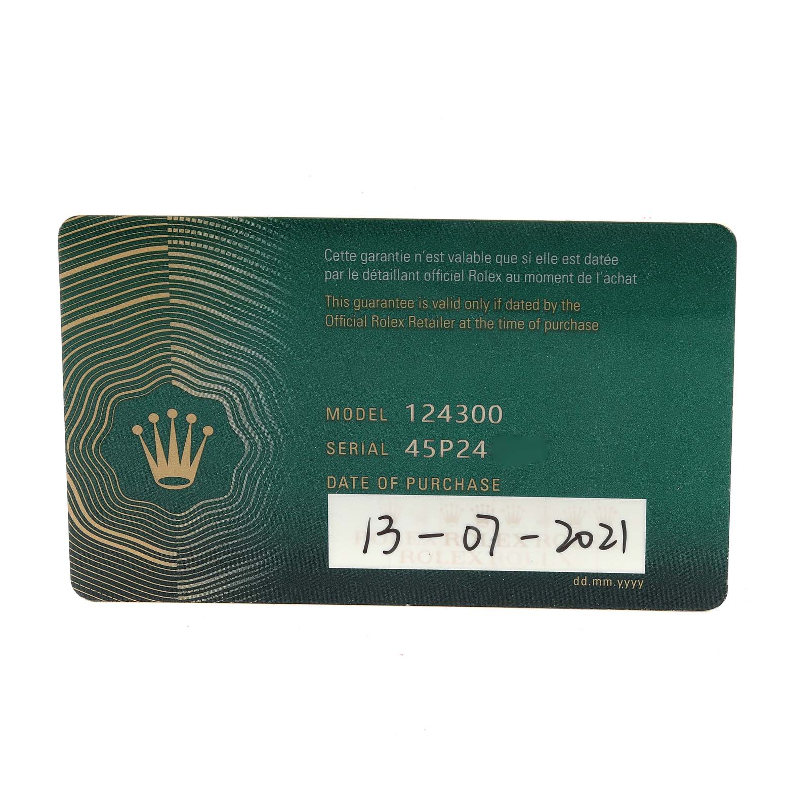 This image shows the warranty card for a Rolex Oyster Perpetual 124300 Men's Stainless Steel Silver Dial 124300 Men's Stainless Steel Silver Dial model 124300, displaying serial number and date of purchase.