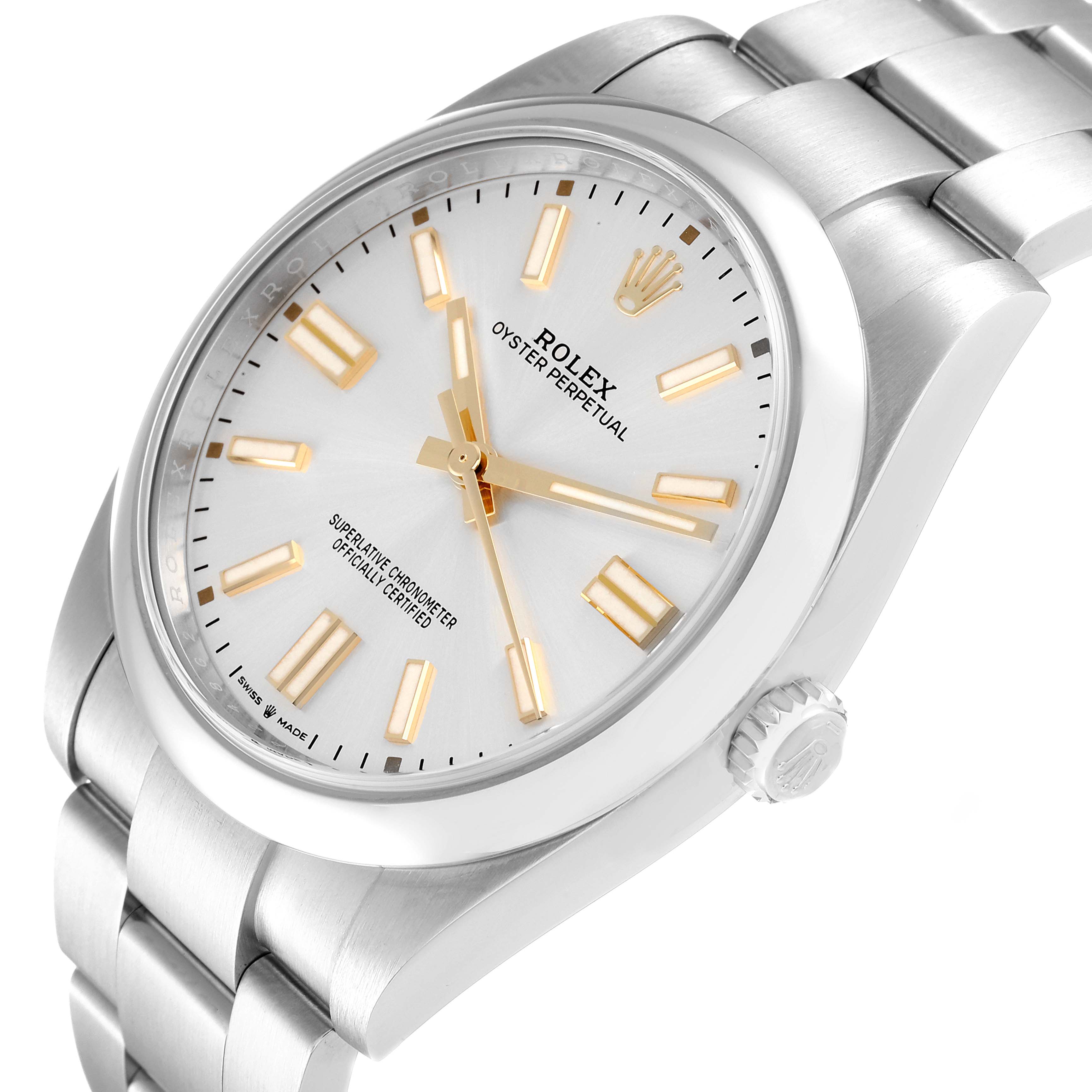 The Rolex Oyster Perpetual 124300 Men's Stainless Steel Silver Dial 124300 Men's Stainless Steel Silver Dial watch is shown at an angle displaying the face, bezel, crown, and bracelet links.