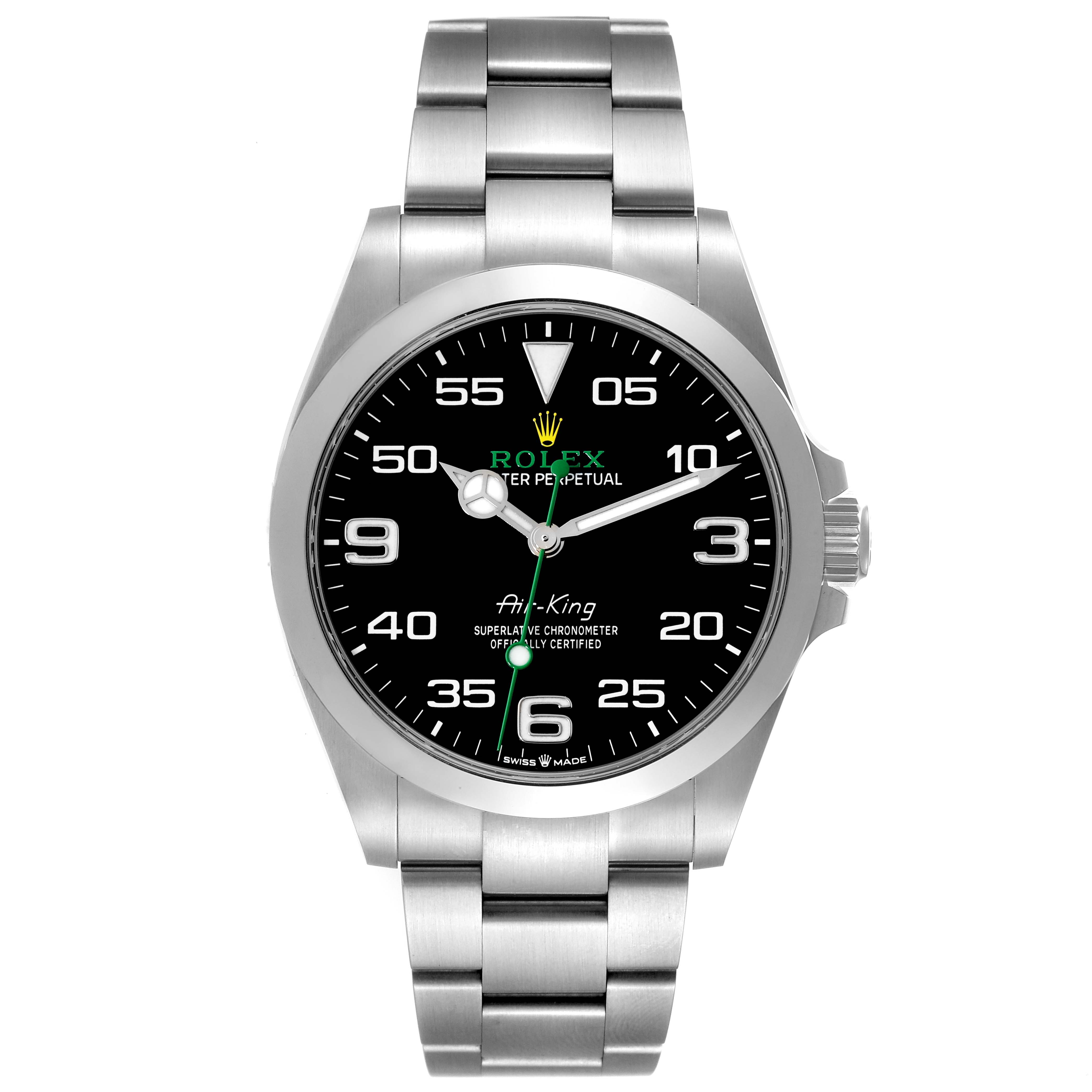 The image shows a frontal view of a Rolex Air-King 126900 Men's Stainless Steel Black Dial 126900 Men's Stainless Steel Black Dial watch, highlighting its black dial, stainless steel bracelet, and luminous hands.