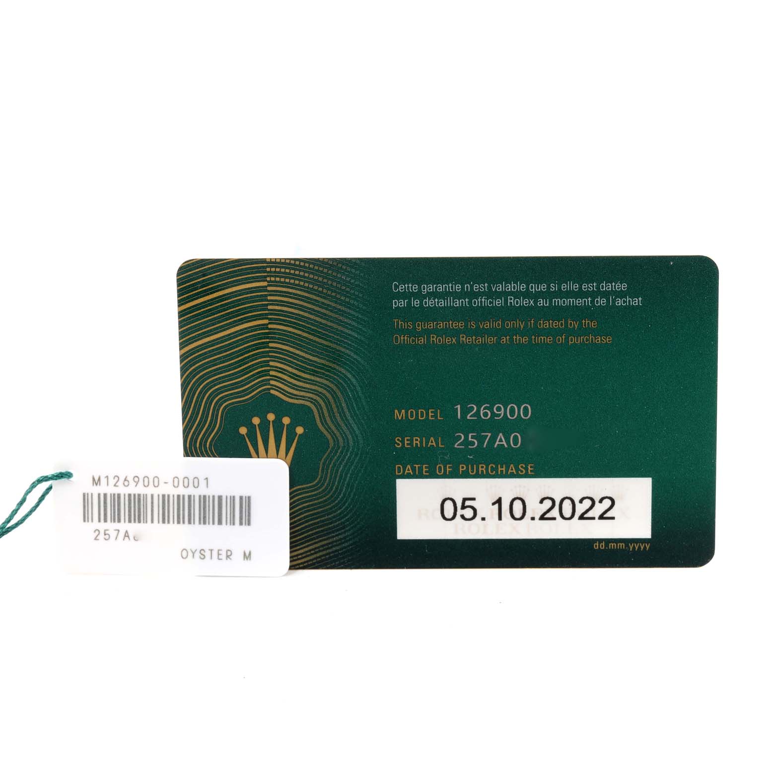 The image shows the warranty card and tag for the Rolex Air-King 126900 Men's Stainless Steel Black Dial 126900 Men's Stainless Steel Black Dial model 126900 with a purchase date of 05.10.2022.