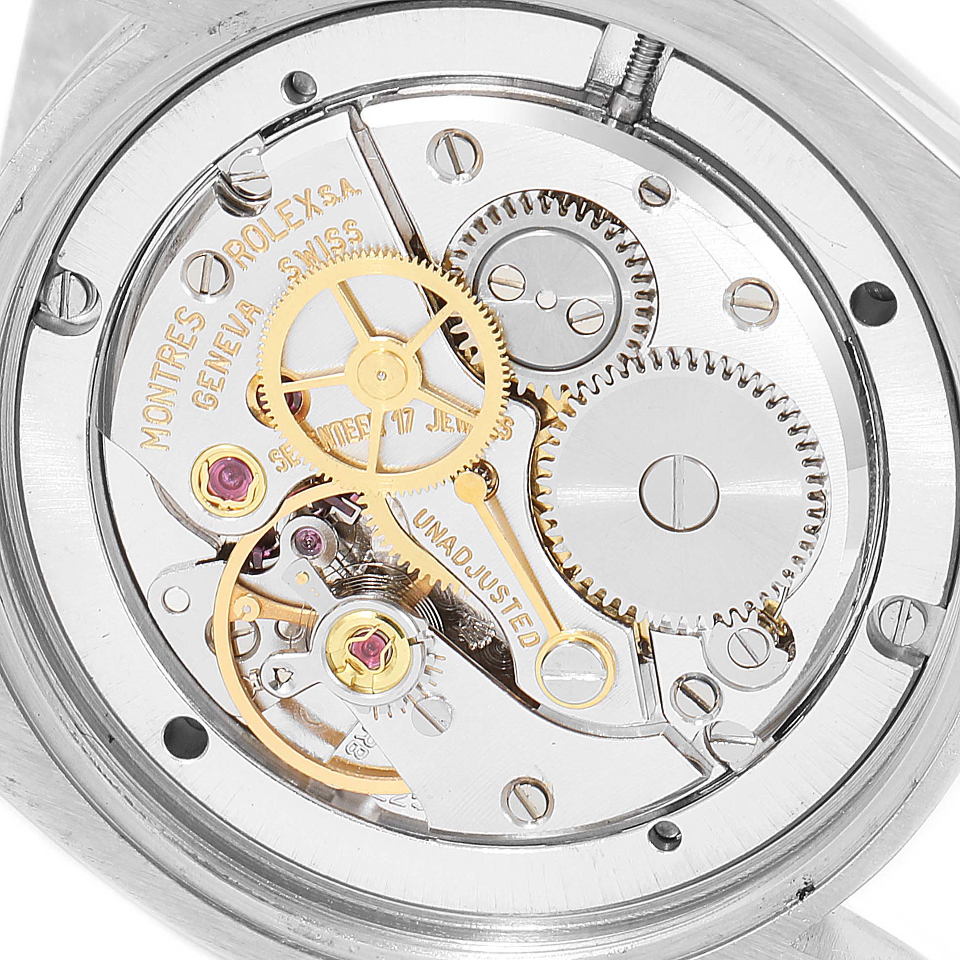 This image shows the intricate internal mechanical components of the Rolex Vintage Collection 6694 Men's Stainless Steel Silver Dial 6694 Men's Stainless Steel Silver Dial watch, viewed from the back.