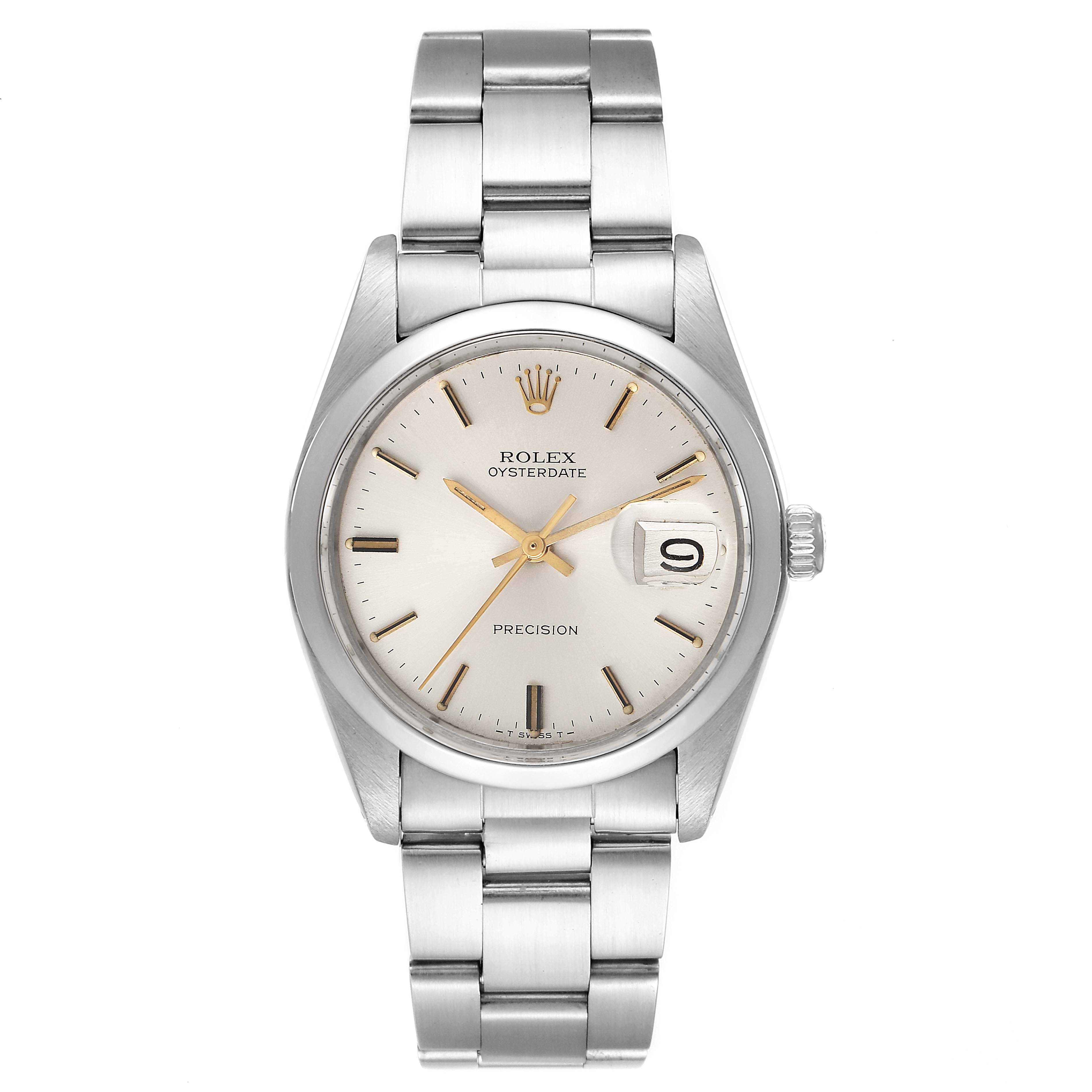 The image shows a front view of the Rolex Vintage Collection 6694 Men's Stainless Steel Silver Dial 6694 Men's Stainless Steel Silver Dial watch, highlighting its dial, hands, date window, and bracelet.
