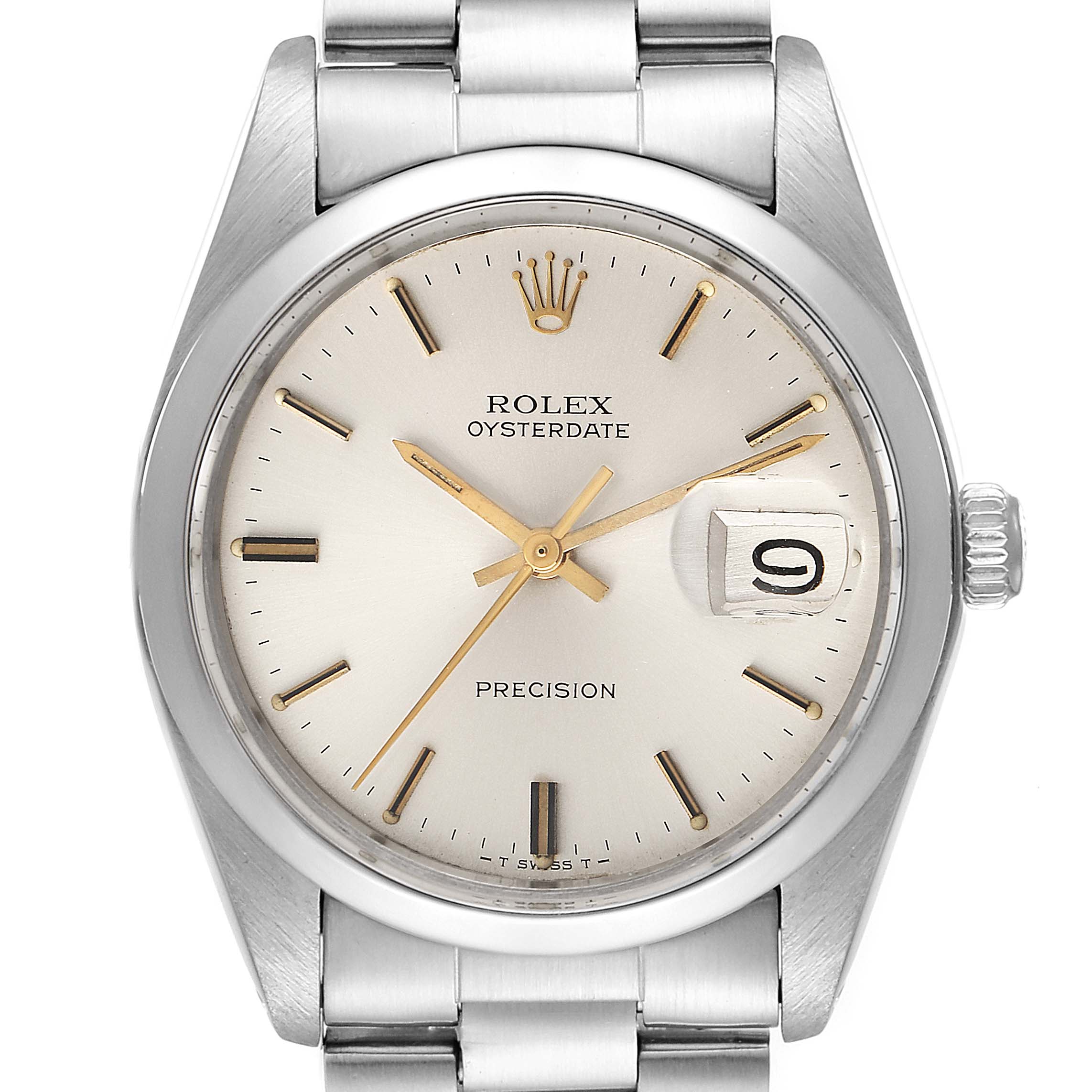 The image displays a frontal view of the Rolex Vintage Collection 6694 Men's Stainless Steel Silver Dial 6694 Men's Stainless Steel Silver Dial model, highlighting its dial, hands, date window, and part of the bracelet.