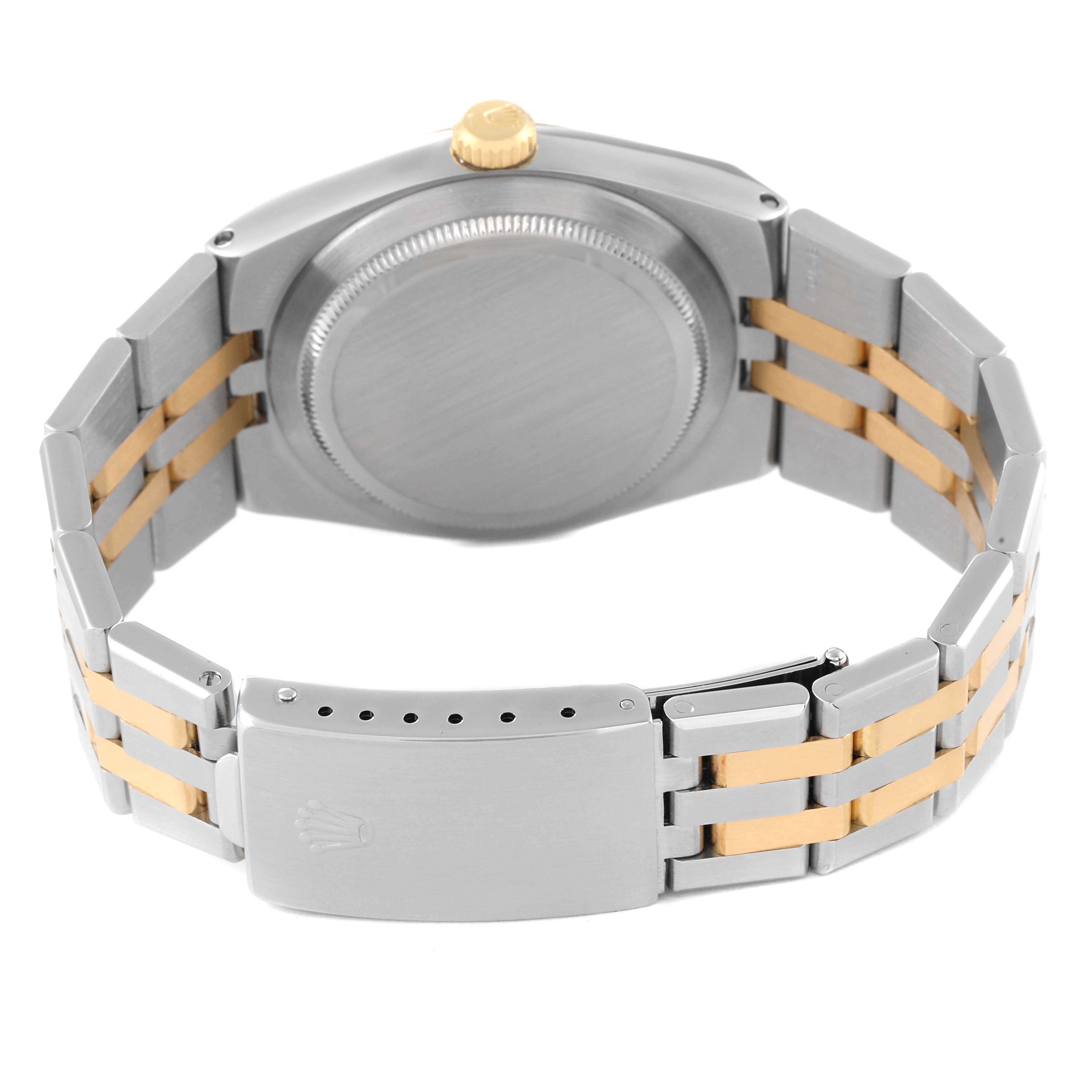 The image shows the back and clasp of the Rolex Oysterquartz 17013 Men
s Stainless Steel Silver Dial 17013 Men
s Stainless Steel Silver Dial watch, displaying its two-tone bracelet design.