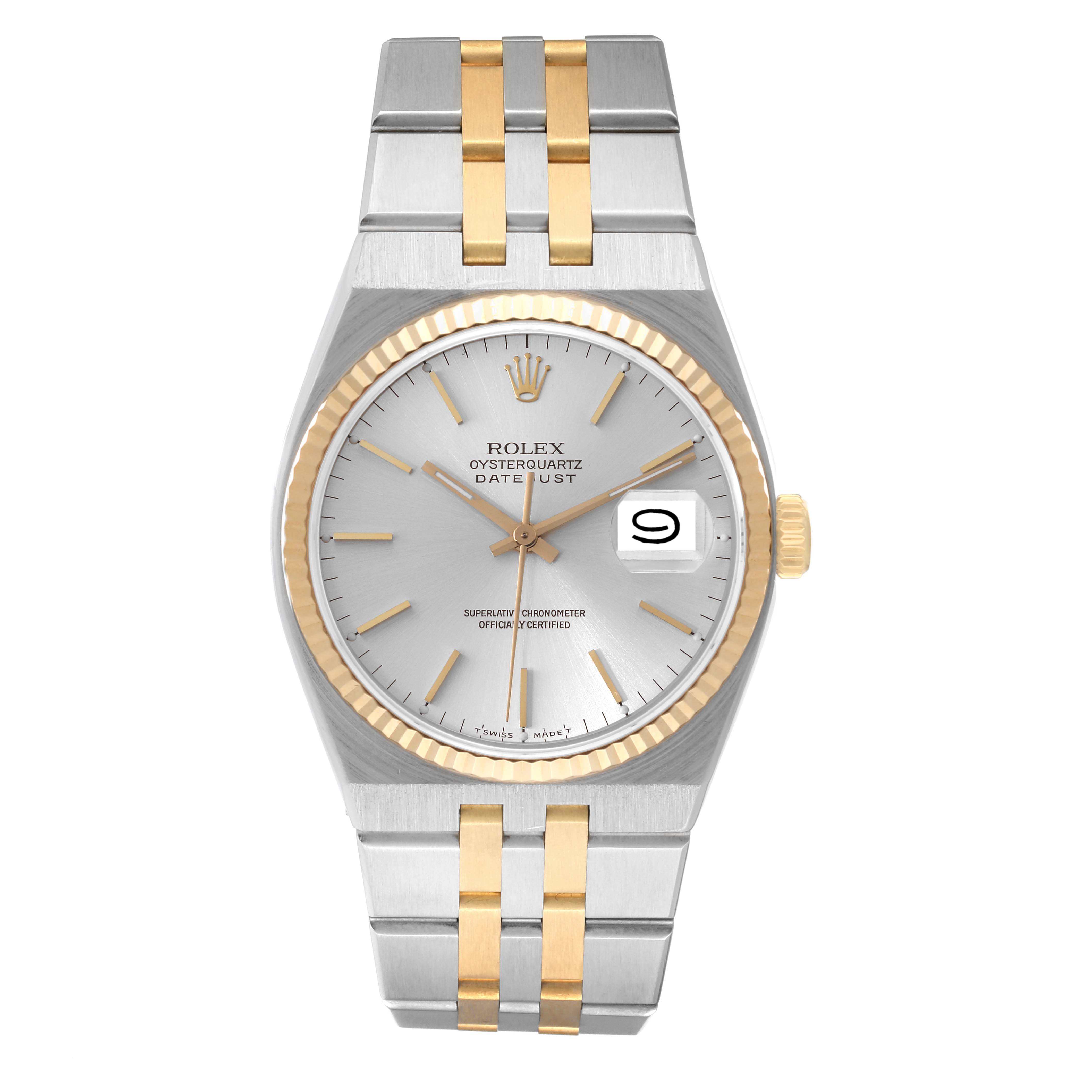 The image shows a front view of a Rolex Oysterquartz 17013 Men
s Stainless Steel Silver Dial 17013 Men
s Stainless Steel Silver Dial Datejust, highlighting the watch face, bezel, and bracelet.
