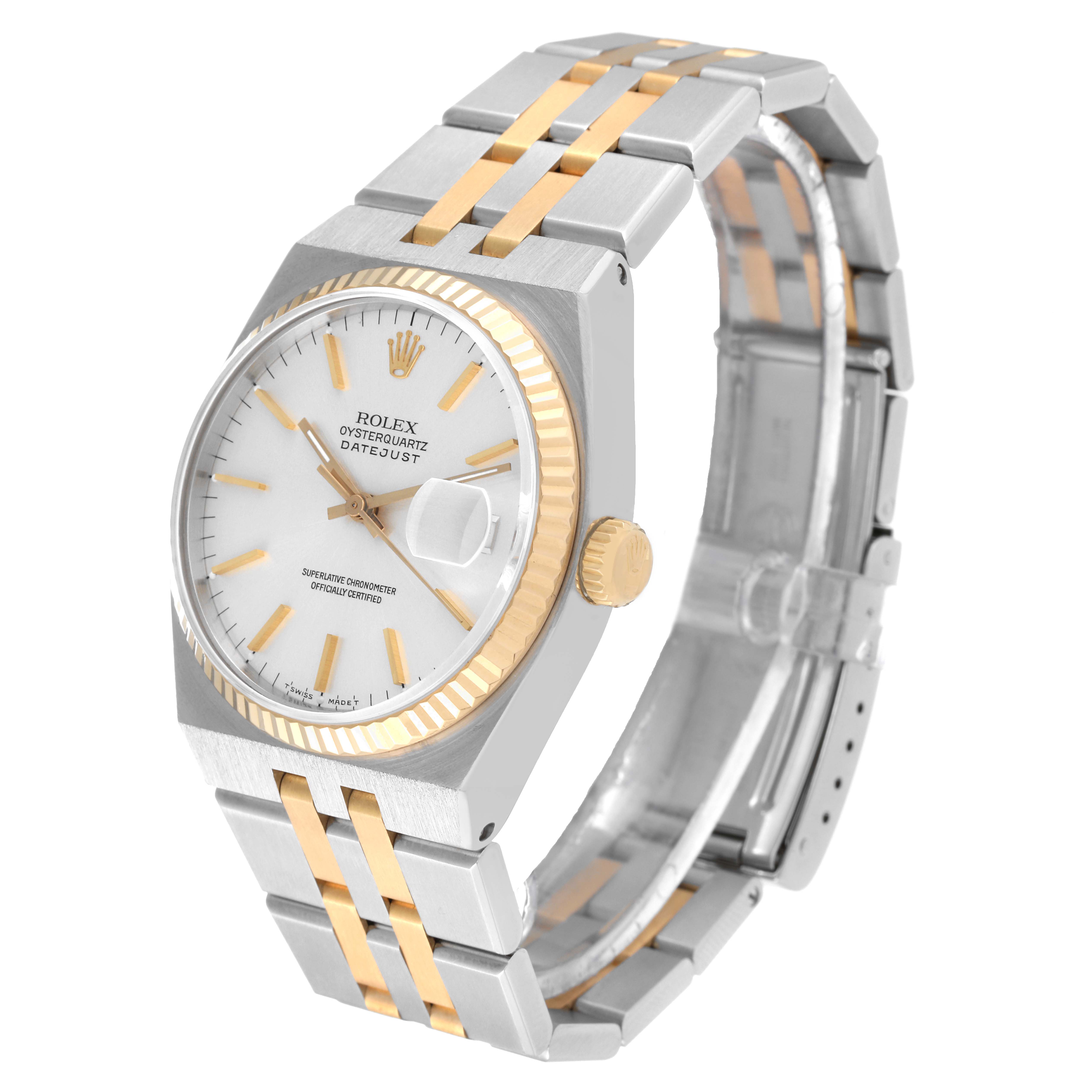 The Rolex Oysterquartz 17013 Men
s Stainless Steel Silver Dial 17013 Men
s Stainless Steel Silver Dial watch is shown at an angled front view, displaying the dial, bezel, crown, and part of the bracelet.