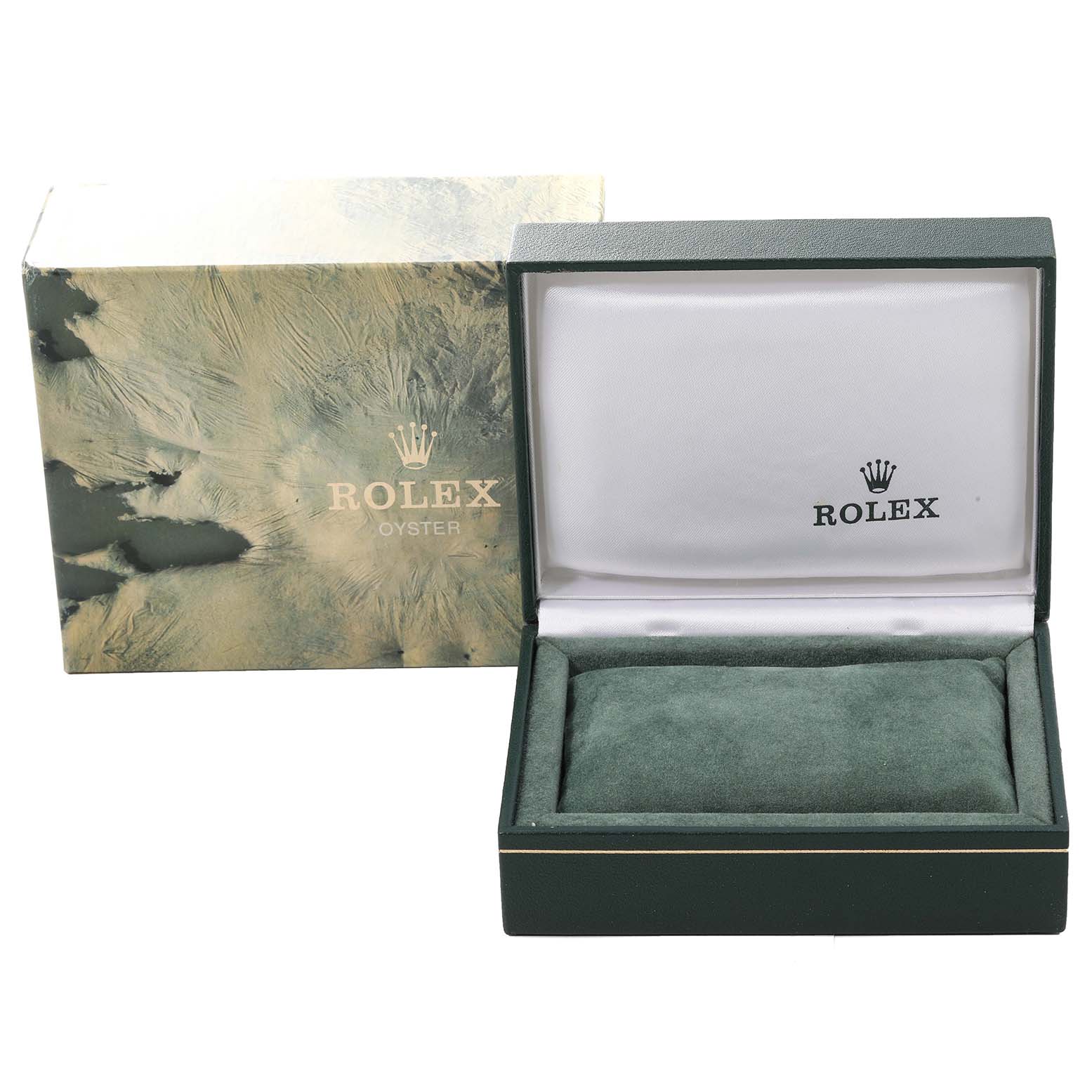 The image shows an empty Rolex Oysterquartz 17013 Men
s Stainless Steel Silver Dial 17013 Men
s Stainless Steel Silver Dial watch box and outer packaging from a front angle.
