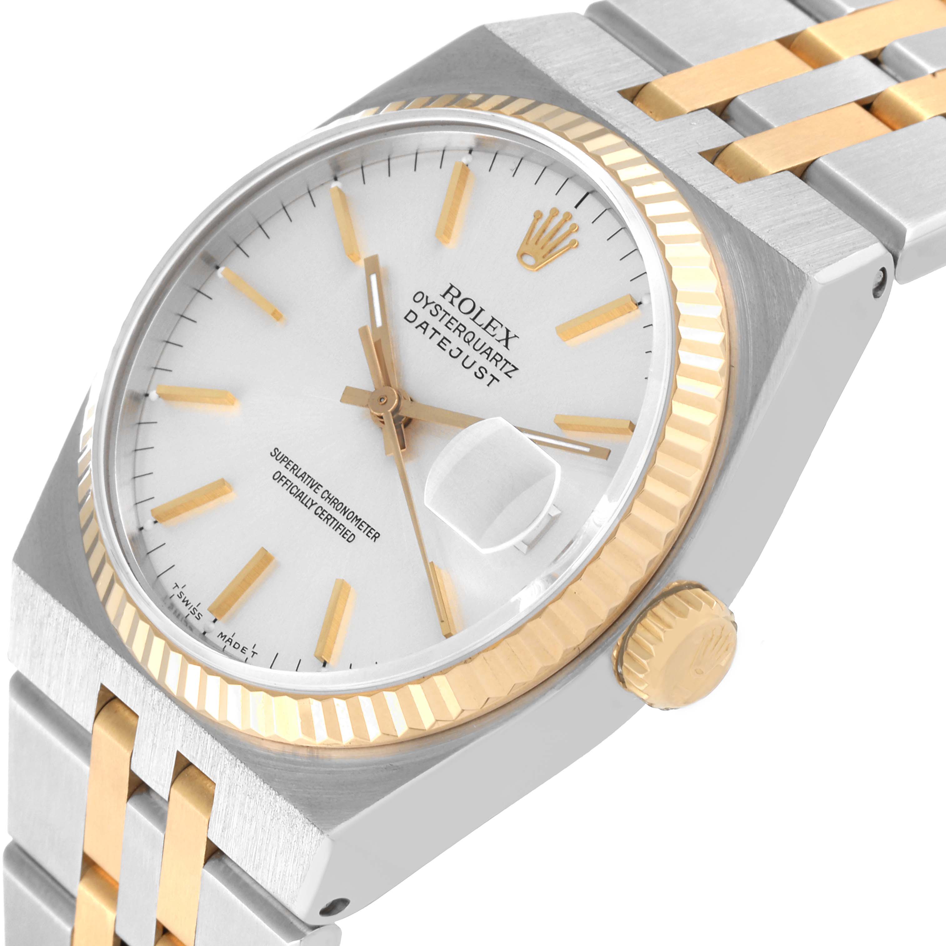 The image shows the dial, bezel, crown, and part of the bracelet of a Rolex Oysterquartz 17013 Men
s Stainless Steel Silver Dial 17013 Men
s Stainless Steel Silver Dial watch from an angled perspective.