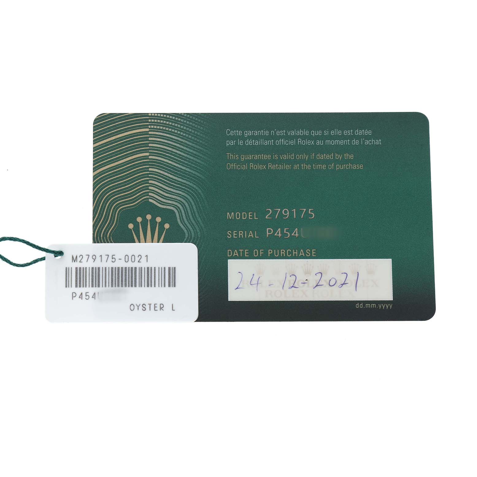 The image shows a Rolex President 279175 Women's Rose Gold White Dial model warranty card with model and serial numbers, alongside a tag with purchase date and barcode.