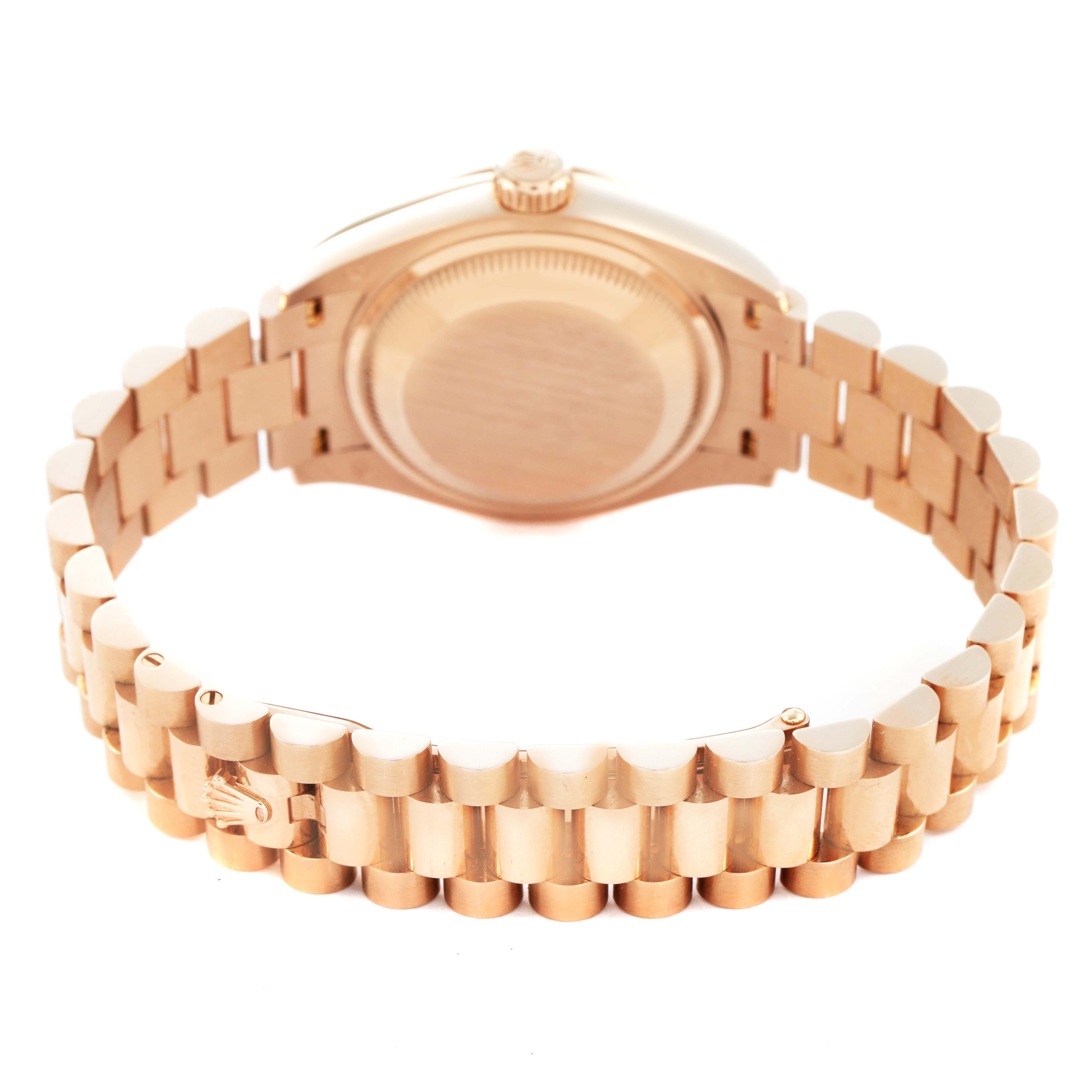 The image shows the back and bracelet of a Rolex President 279175 Women's Rose Gold White Dial model, highlighting the clasp and links.
