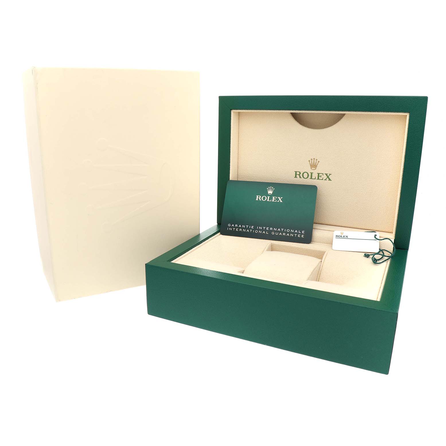 The image shows the open box and accessories for the Rolex President 279175 Women's Rose Gold White Dial model, including the guarantee card and booklet.