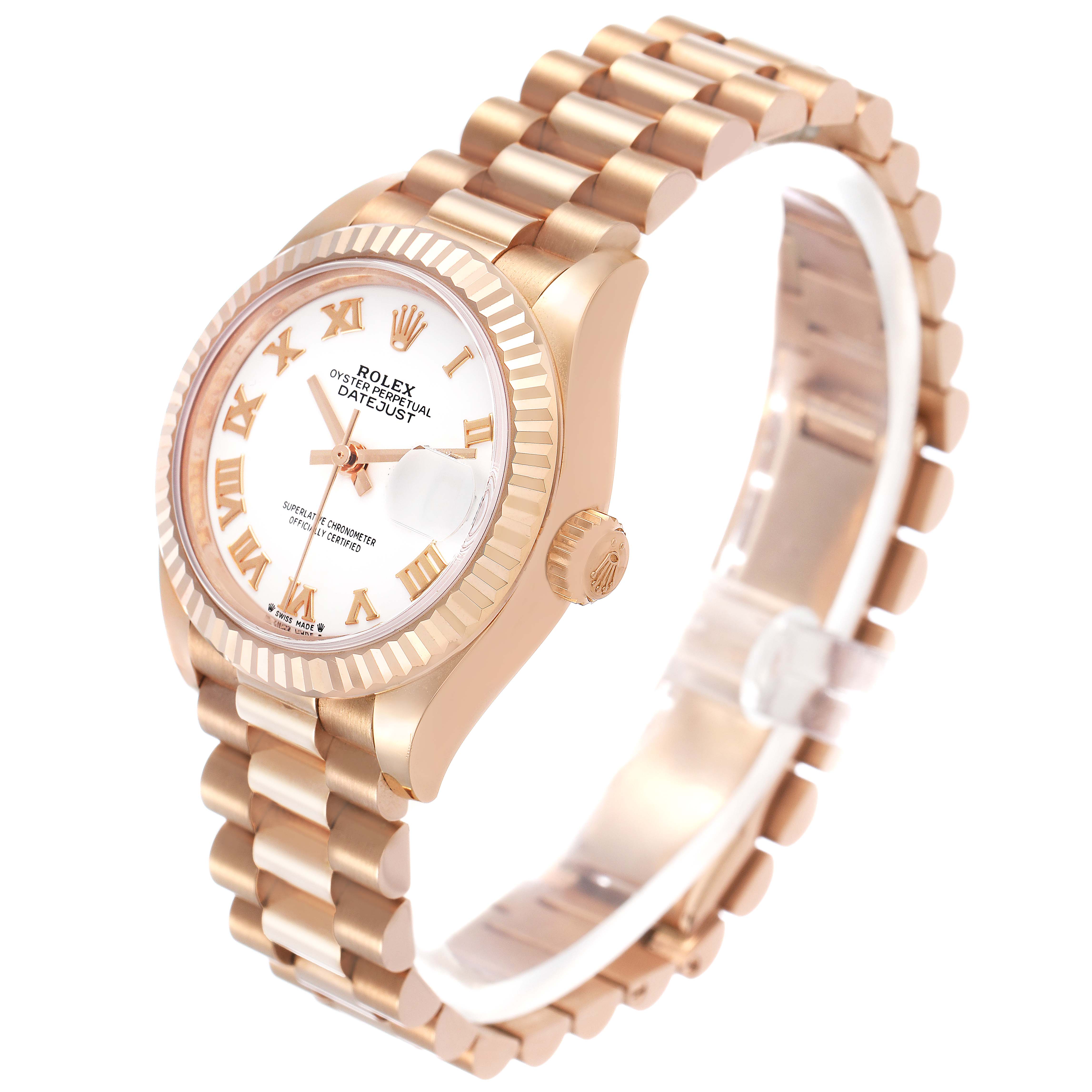 The image shows a side view of the Rolex President 279175 Women's Rose Gold White Dial model watch, highlighting the full bracelet and fluted bezel.