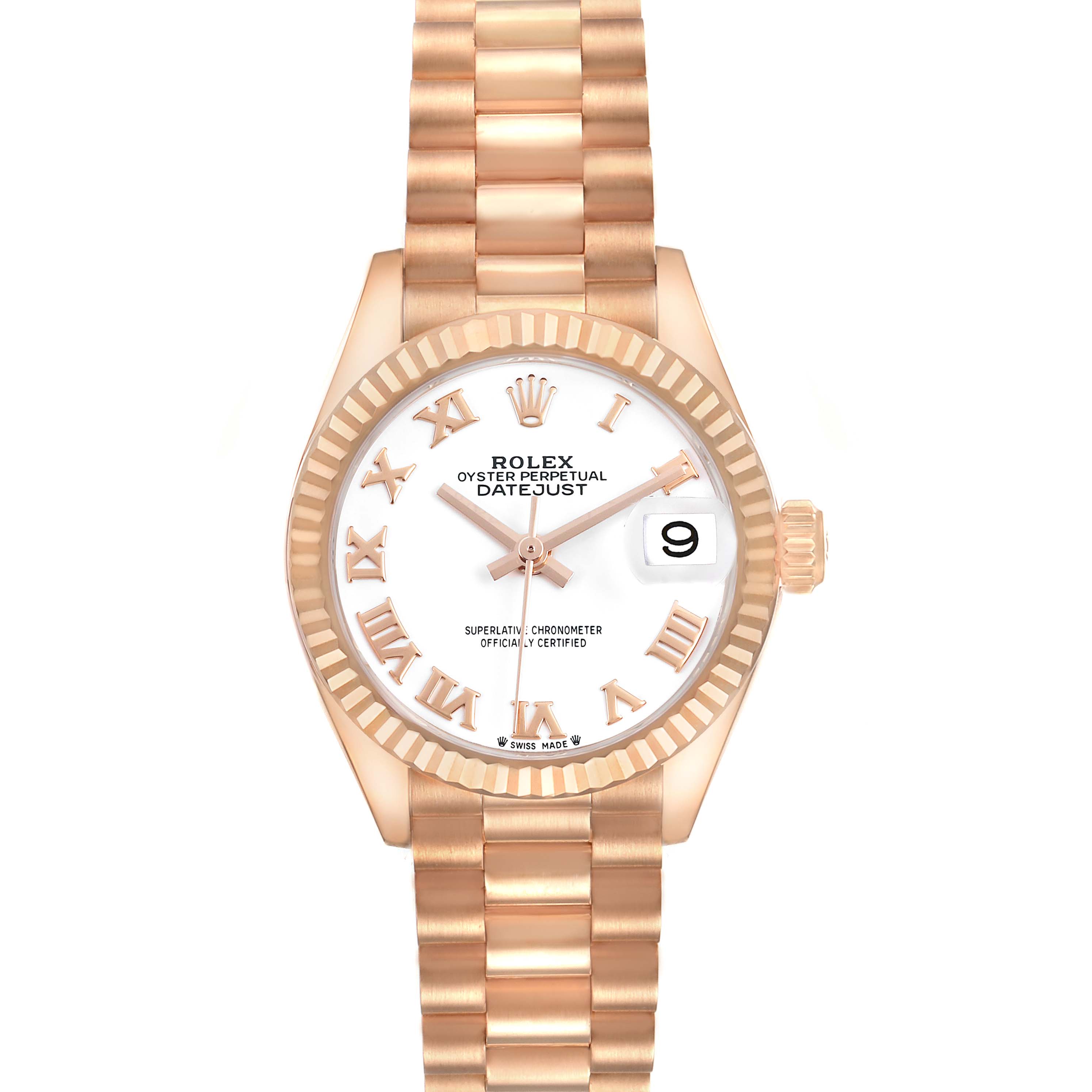 The Rolex President 279175 Women's Rose Gold White Dial Datejust watch is shown face-on, displaying the bracelet, bezel, hands, and date window.