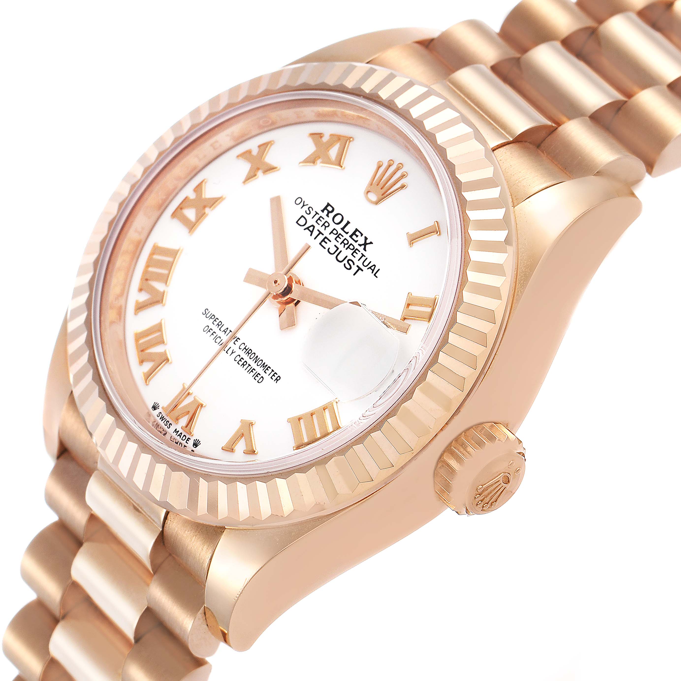 The Rolex President 279175 Women's Rose Gold White Dial model watch is shown at an angle highlighting the bezel, crown, dial with Roman numerals, and part of the bracelet.