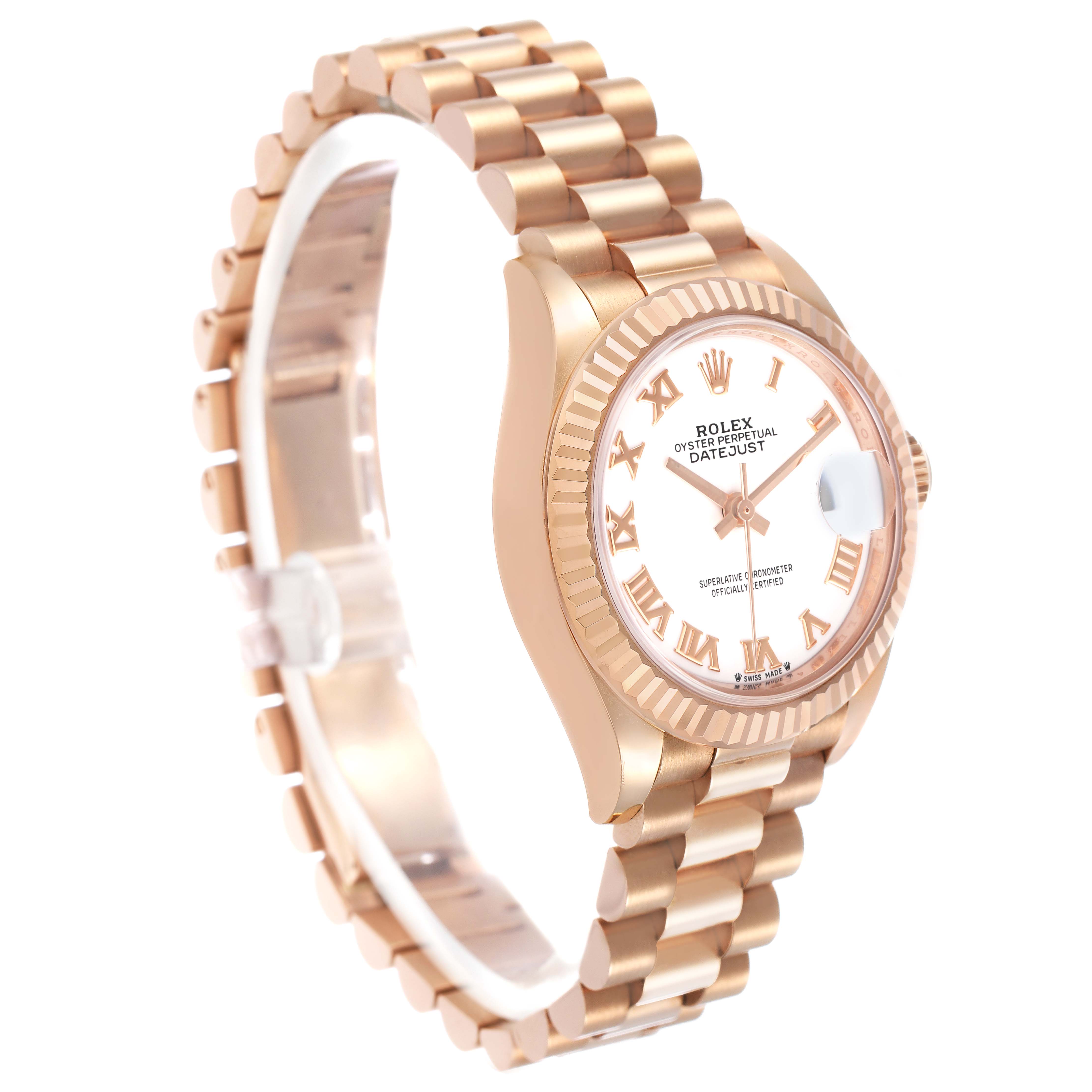 The Rolex President 279175 Women's Rose Gold White Dial model is shown at a 3/4 angle, highlighting the watch face, bezel, and bracelet.