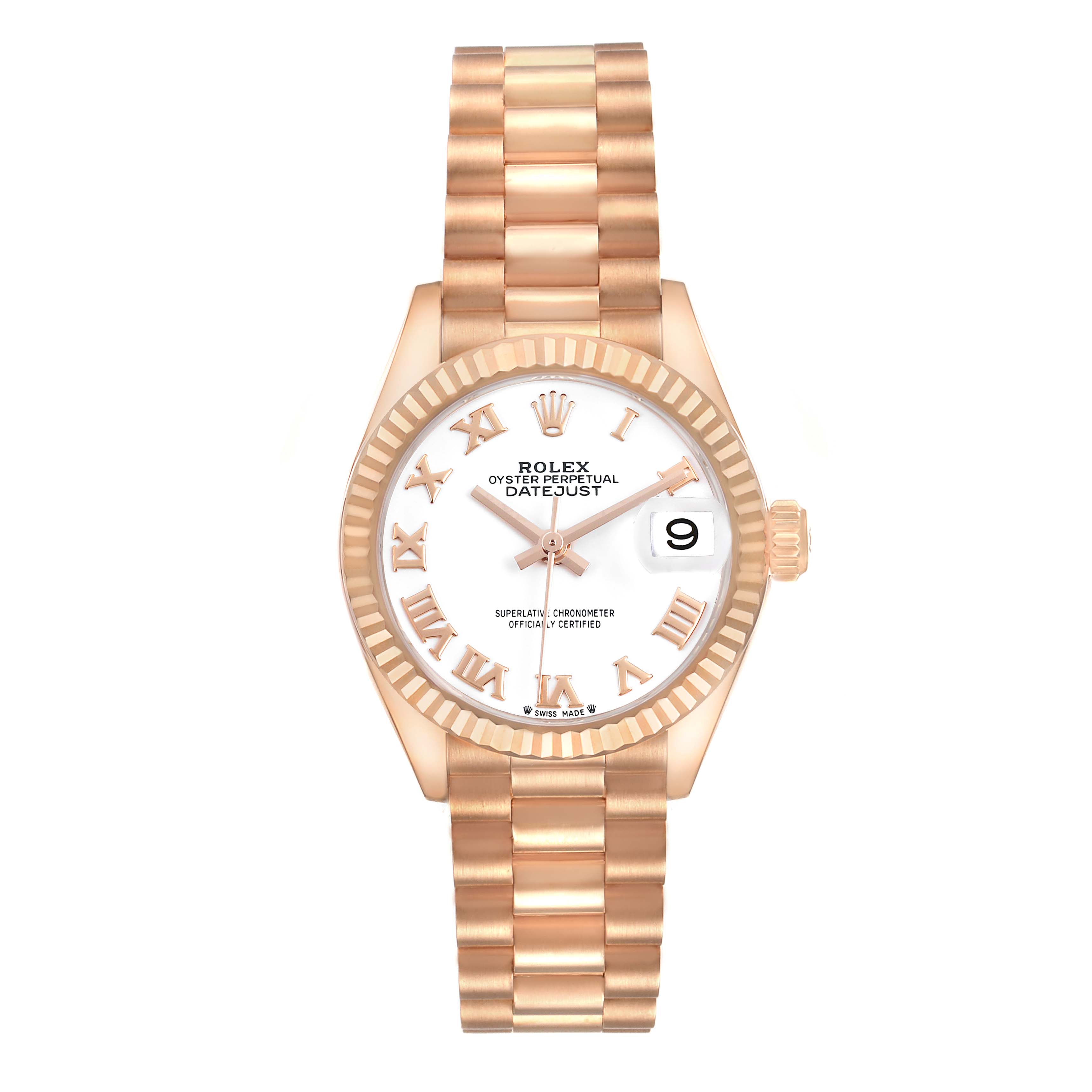 The Rolex President 279175 Women's Rose Gold White Dial model is shown from a top-down angle, displaying the bracelet, fluted bezel, and dial with date function.