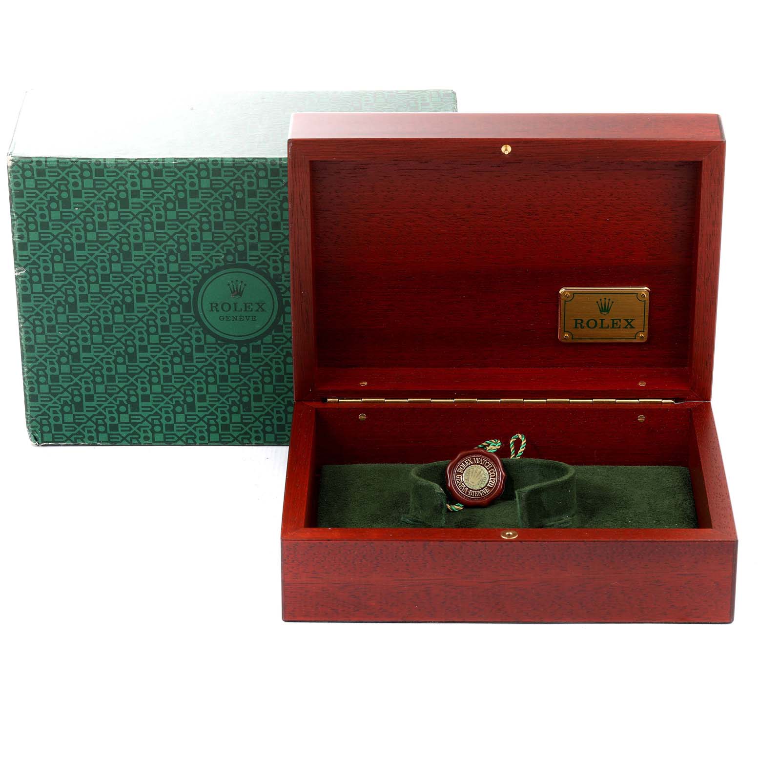 The image shows a Rolex Vintage Collection 1601 Men's Yellow Gold Black Dial 1601 Men's Yellow Gold Black Dial watch and accessories in an open wooden box with a branded outer box nearby.