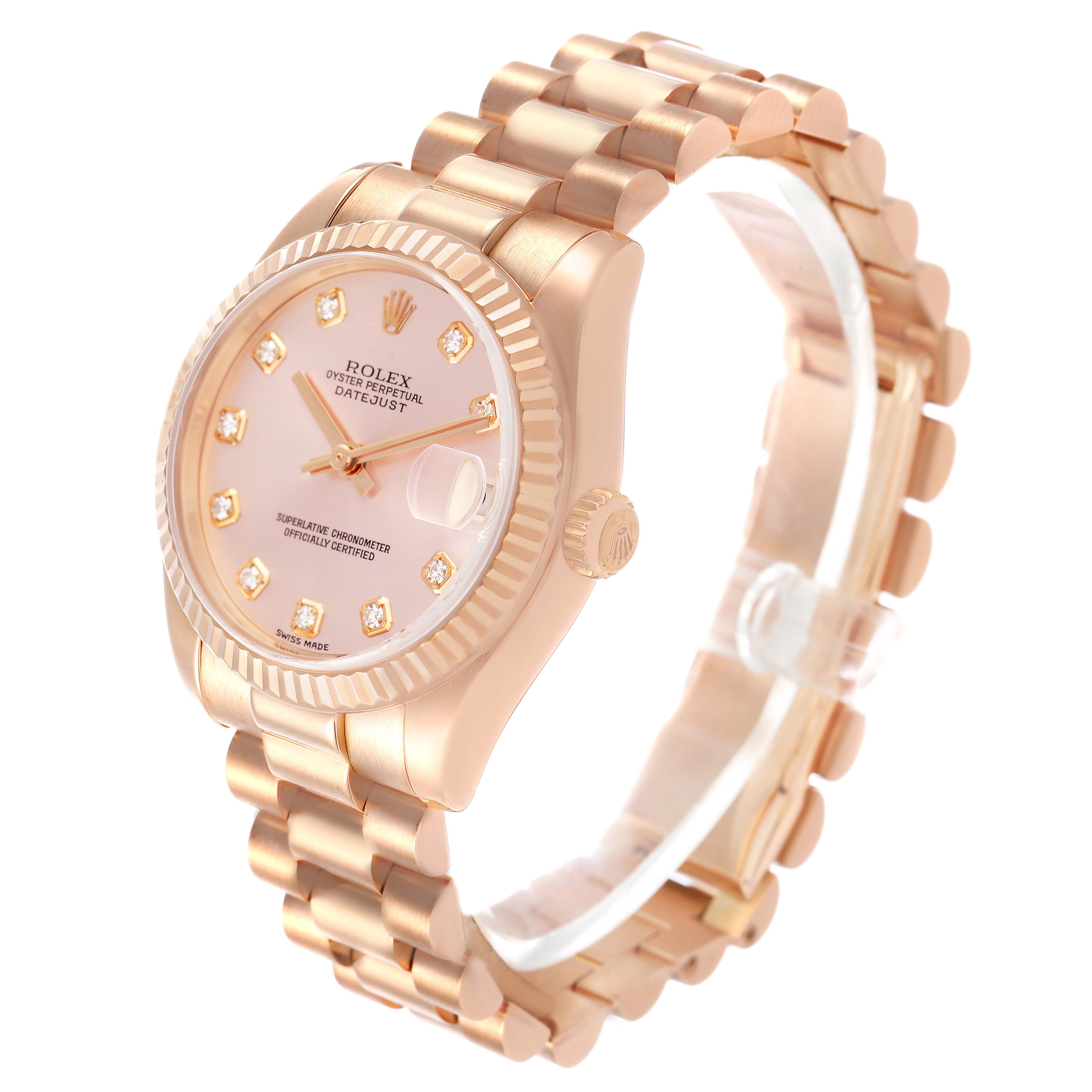 The Rolex President 178275 Women's Rose Gold Pink Dial model watch is shown at a slight angle, displaying its face, fluted bezel, bracelet, and side crown.