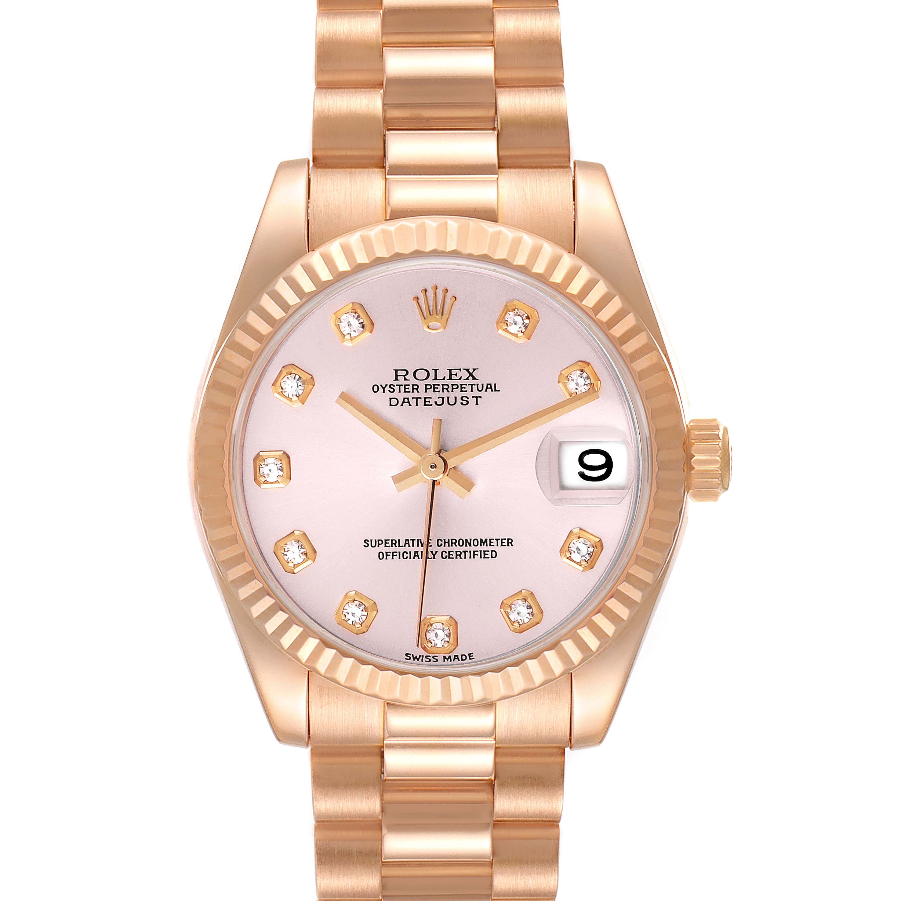 The Rolex President 178275 Women's Rose Gold Pink Dial model is shown from the front, displaying the dial, bezel, crown, and bracelet.