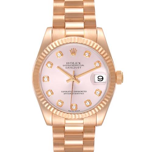The Rolex President 178275 Women's Rose Gold Pink Dial model watch is shown straight-on, highlighting the face, hands, date, and bracelet.