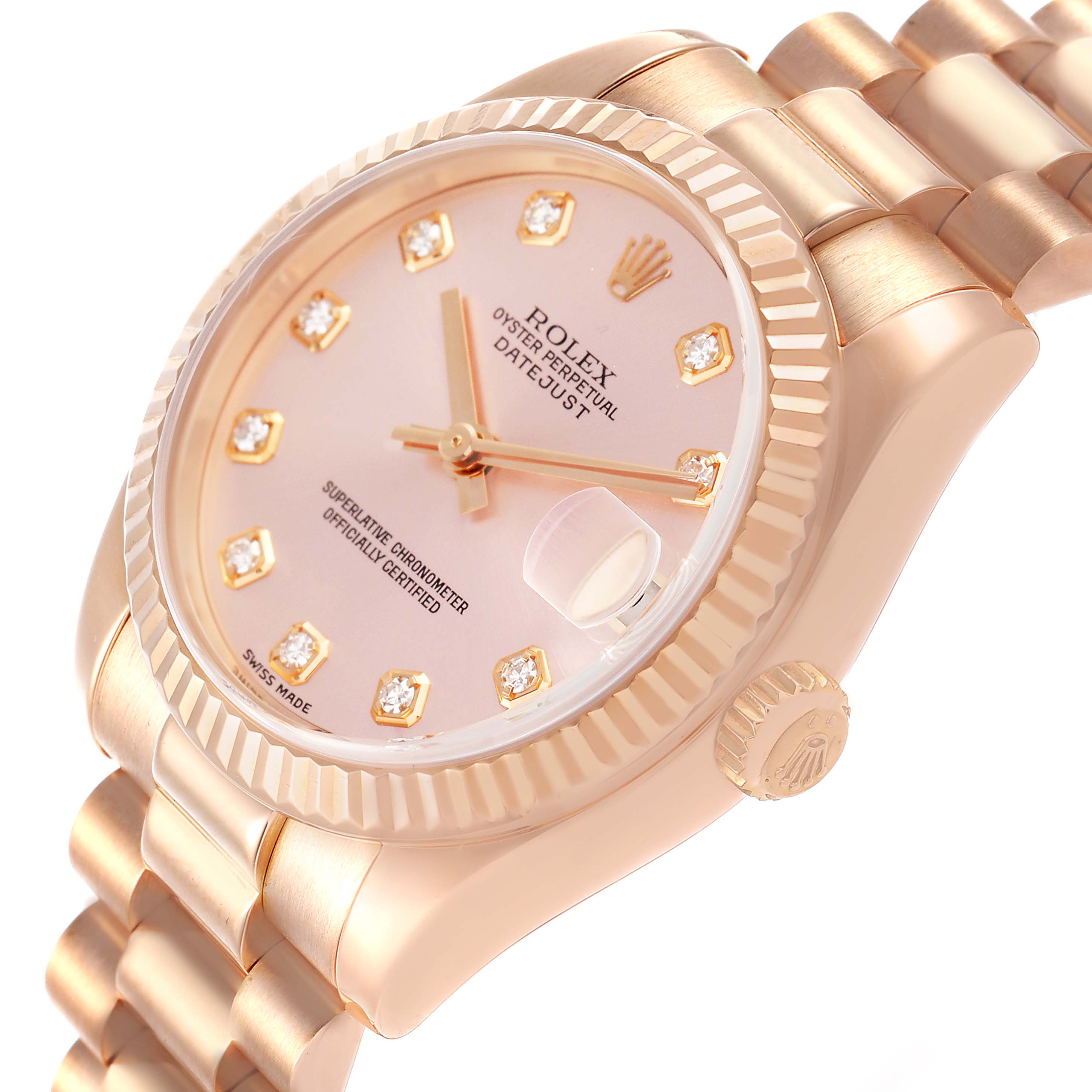 The Rolex President 178275 Women's Rose Gold Pink Dial model is shown at a three-quarter angle, highlighting the dial, bezel, crown, and bracelet.