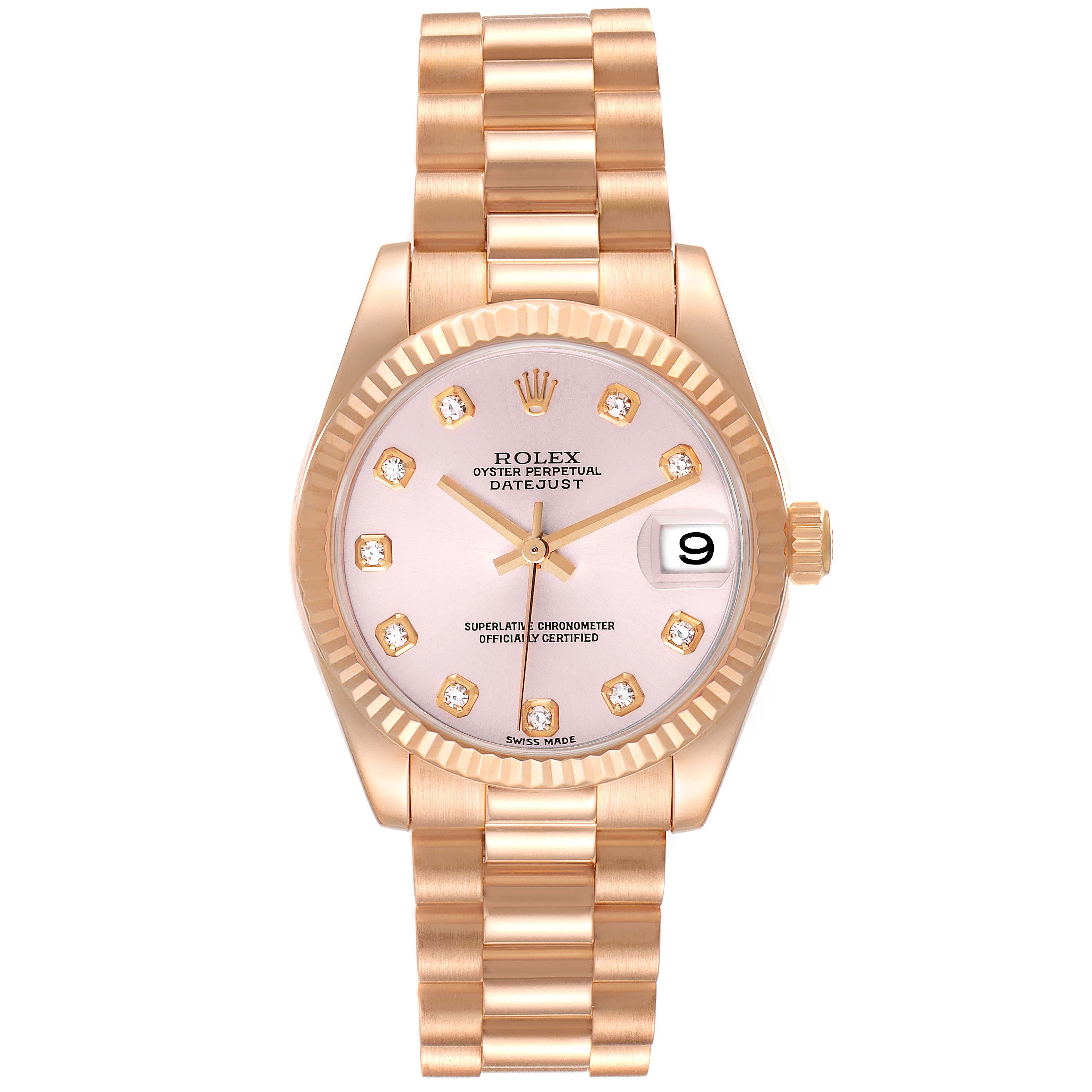 The Rolex President 178275 Women's Rose Gold Pink Dial model watch is shown from a top-down angle, highlighting its face, bracelet, and fluted bezel.