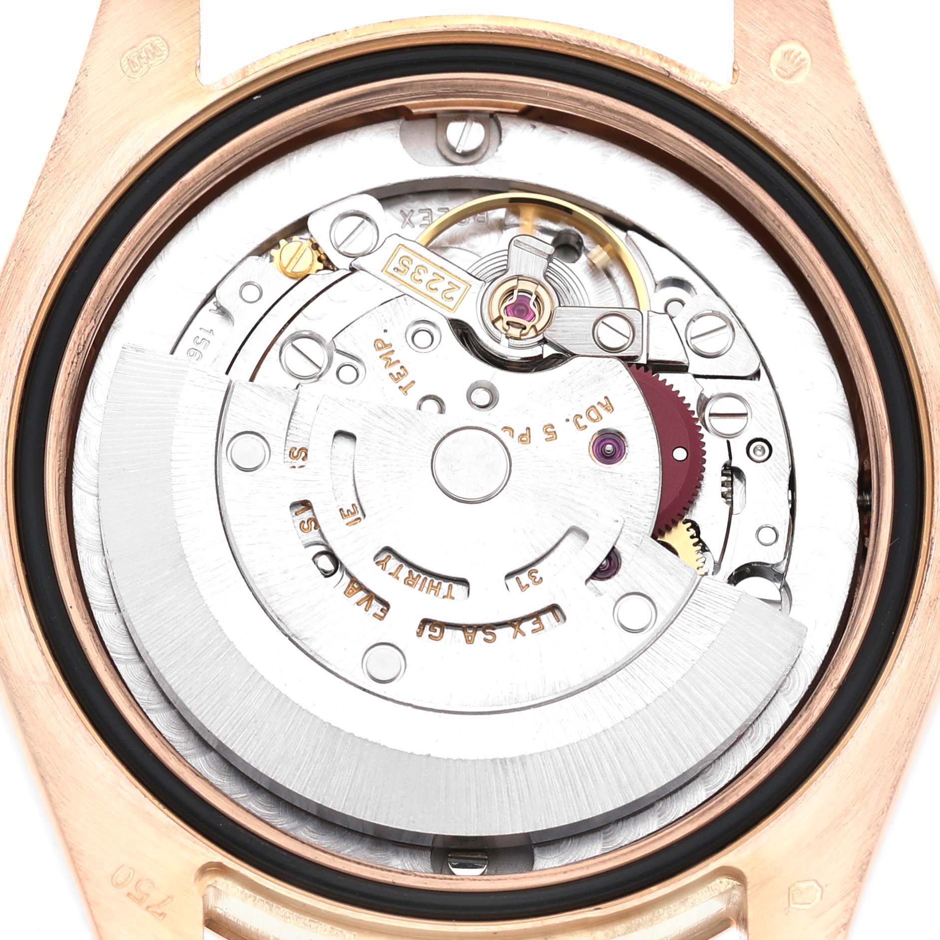 The image shows the movement and inner mechanism of a Rolex President 178275 Women's Rose Gold Pink Dial model watch from the back.