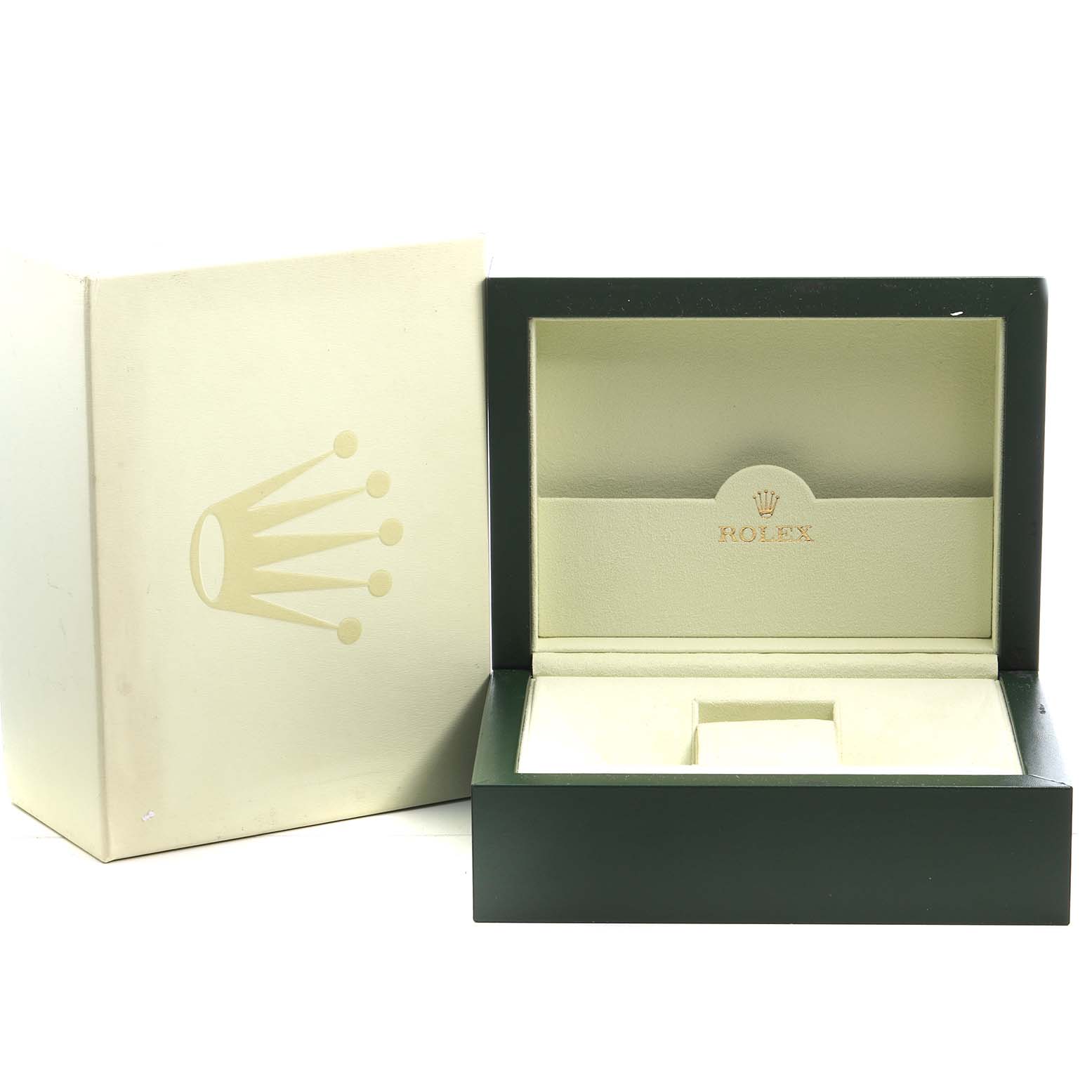 The image shows an open Rolex President 178275 Womens Rose Gold Pink Dial watch box with a cream interior and a green exterior, beside its lid displaying the Rolex logo.