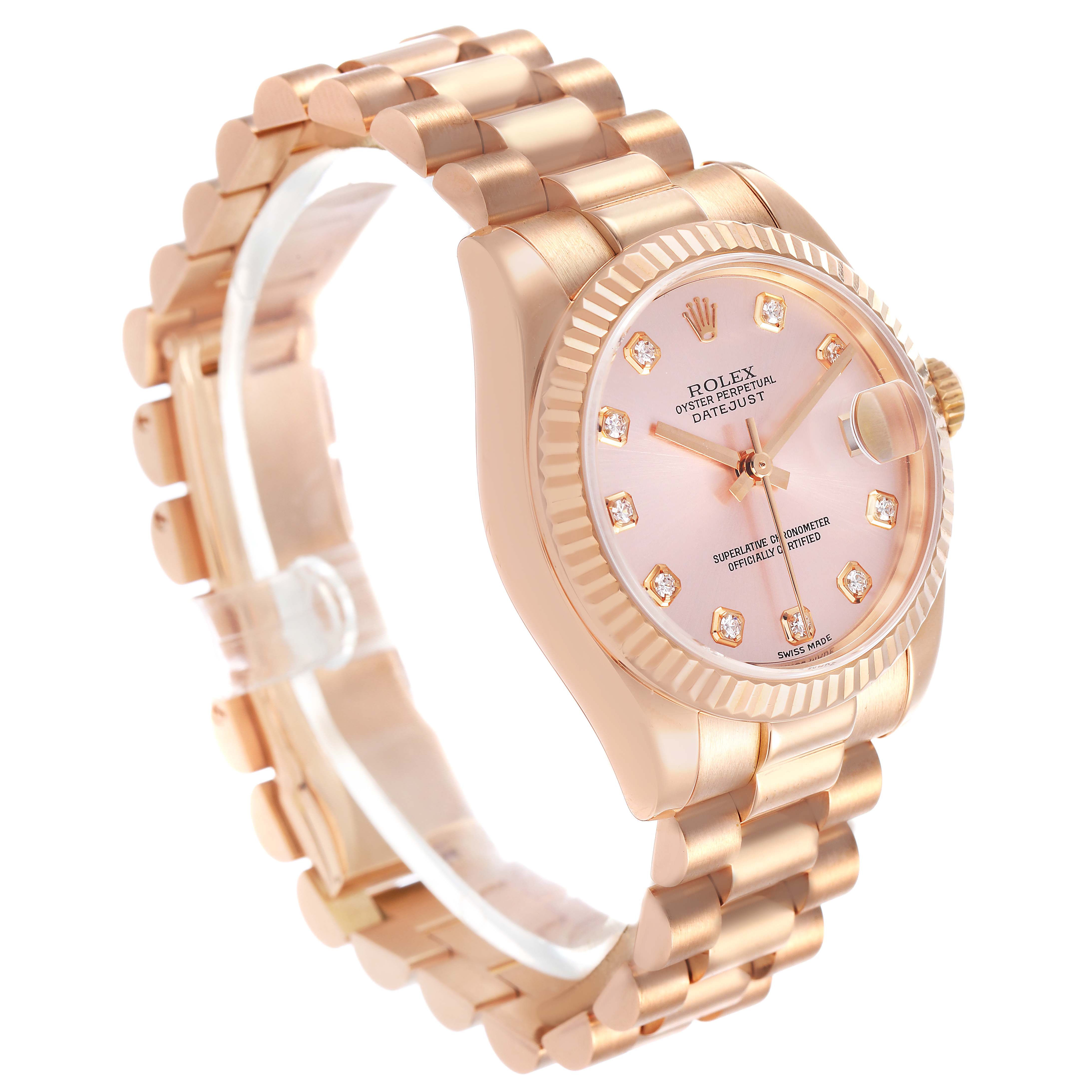 The Rolex President 178275 Women's Rose Gold Pink Dial watch is shown at a three-quarter angle, displaying the face, bezel, and bracelet.