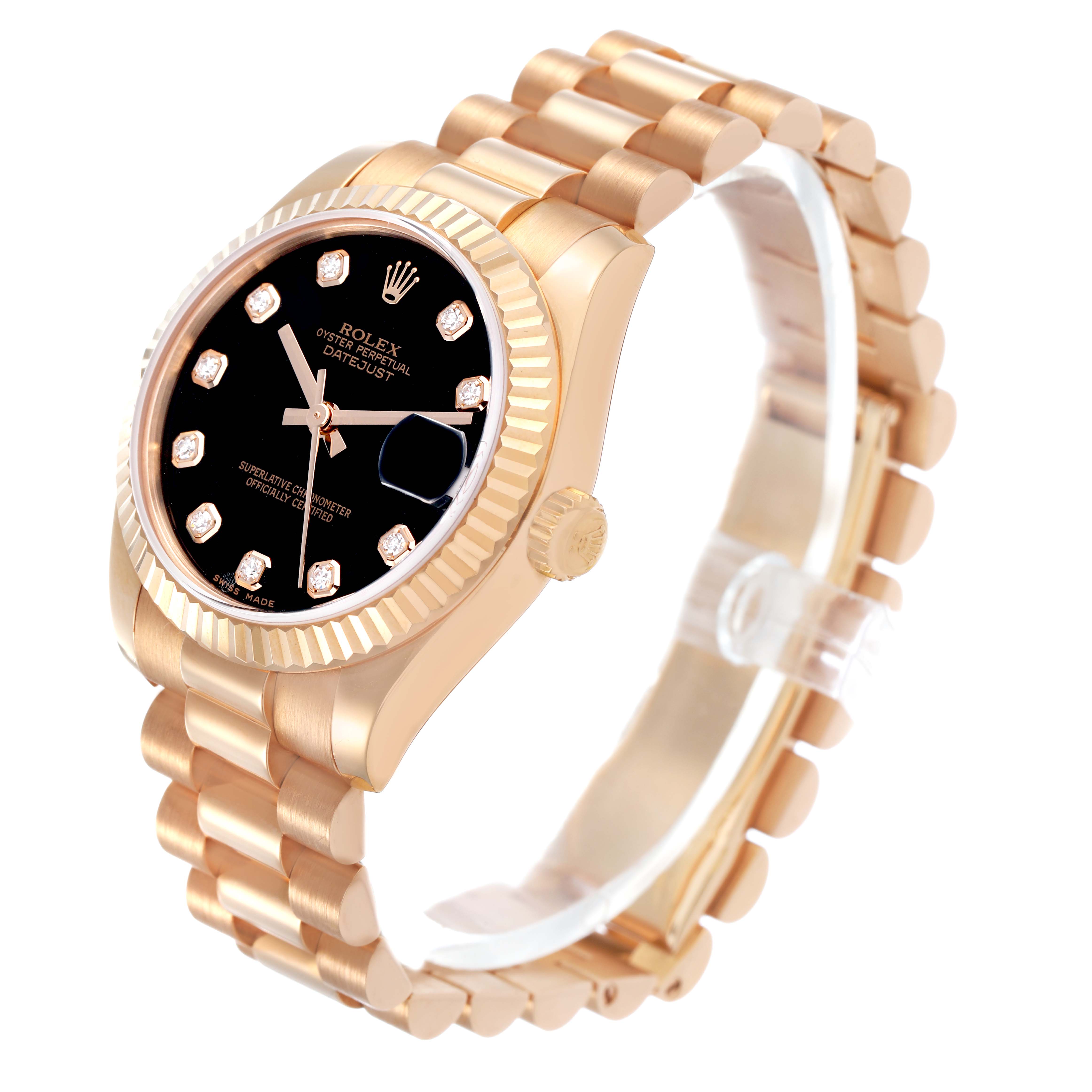 The Rolex President 178275 Women's Rose Gold Black Dial watch is shown at an angled side view, highlighting its face, bezel, bracelet, and crown.